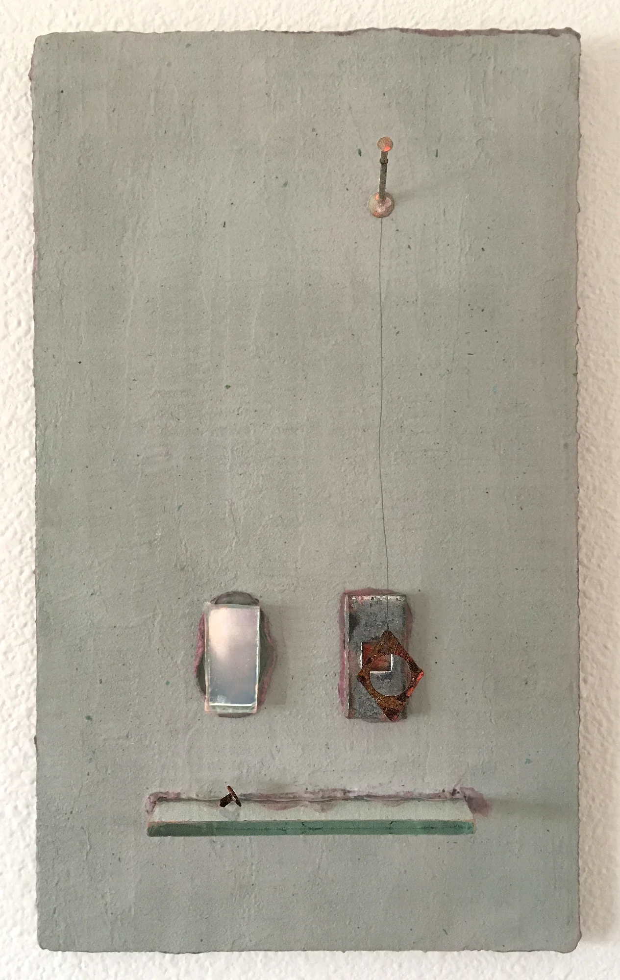  Oracle  Found objects, glass, and pigment on cement panel  15 inches high x 9 inches wide 