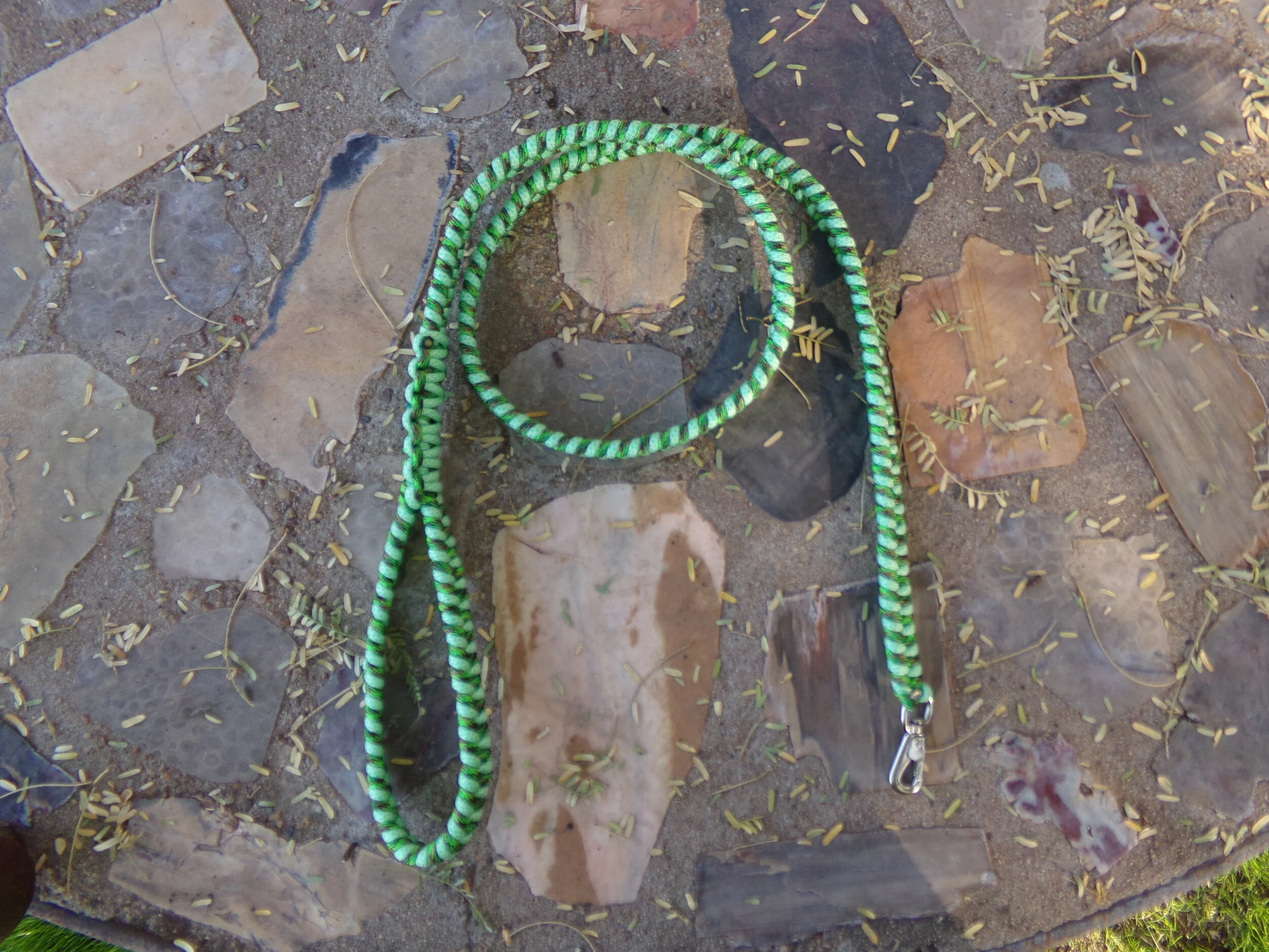 48" green switchback handmade paracord little dog leash, pictured on a red brick walkway