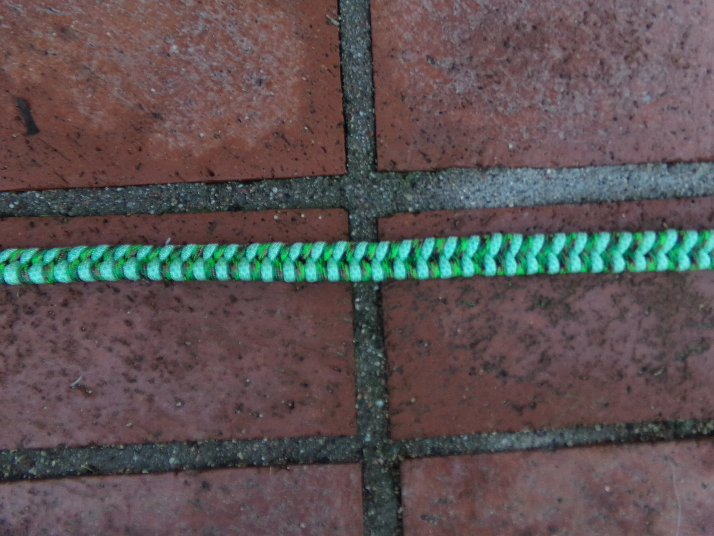 close up of weave, 48" green switchback handmade paracord little dog leash, pictured on red brick walkway