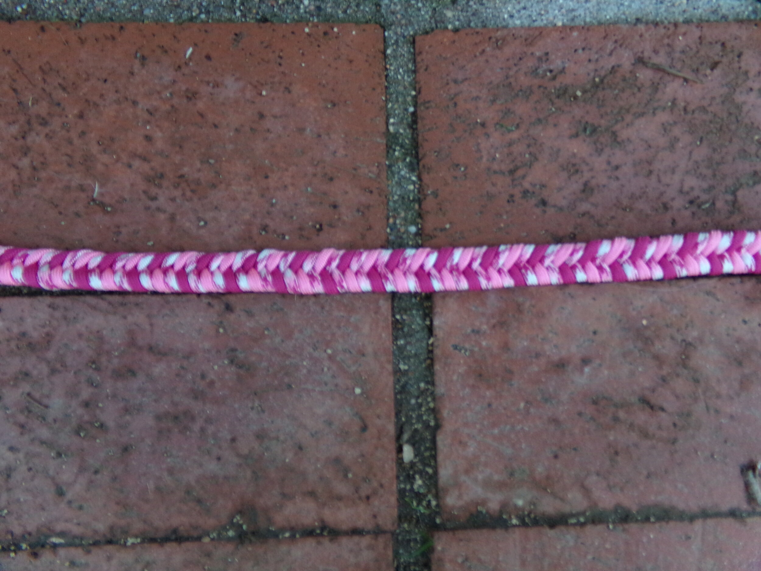 close up of design, 55" Pink and Fuchsia Little Dog Leash, Switchback Collection, pictured on a red brick walkway
