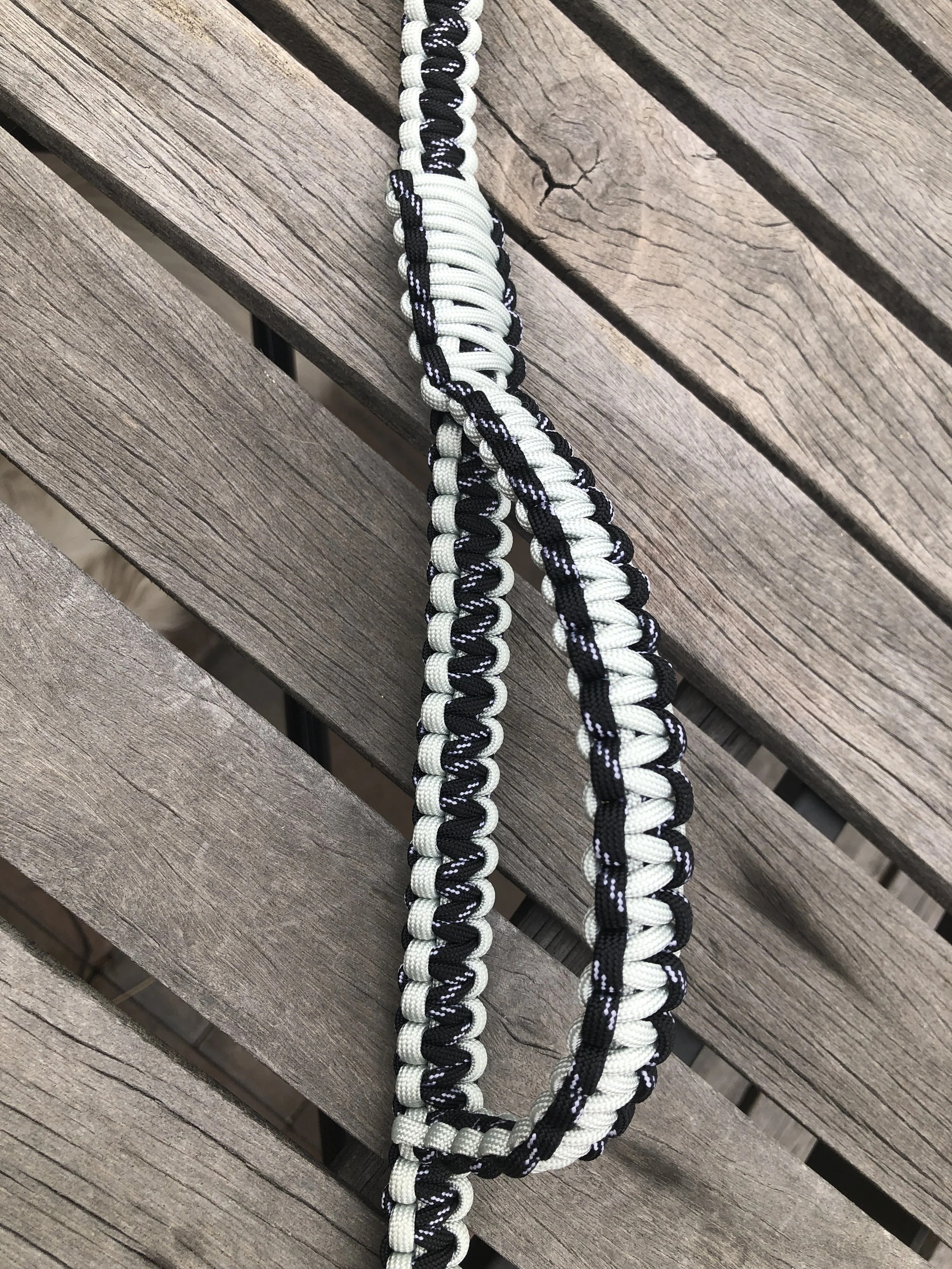 Black & Silver Dog Leash 6' Reflective Paracord New Handmade in USA Two Handles, close up of traffic handle