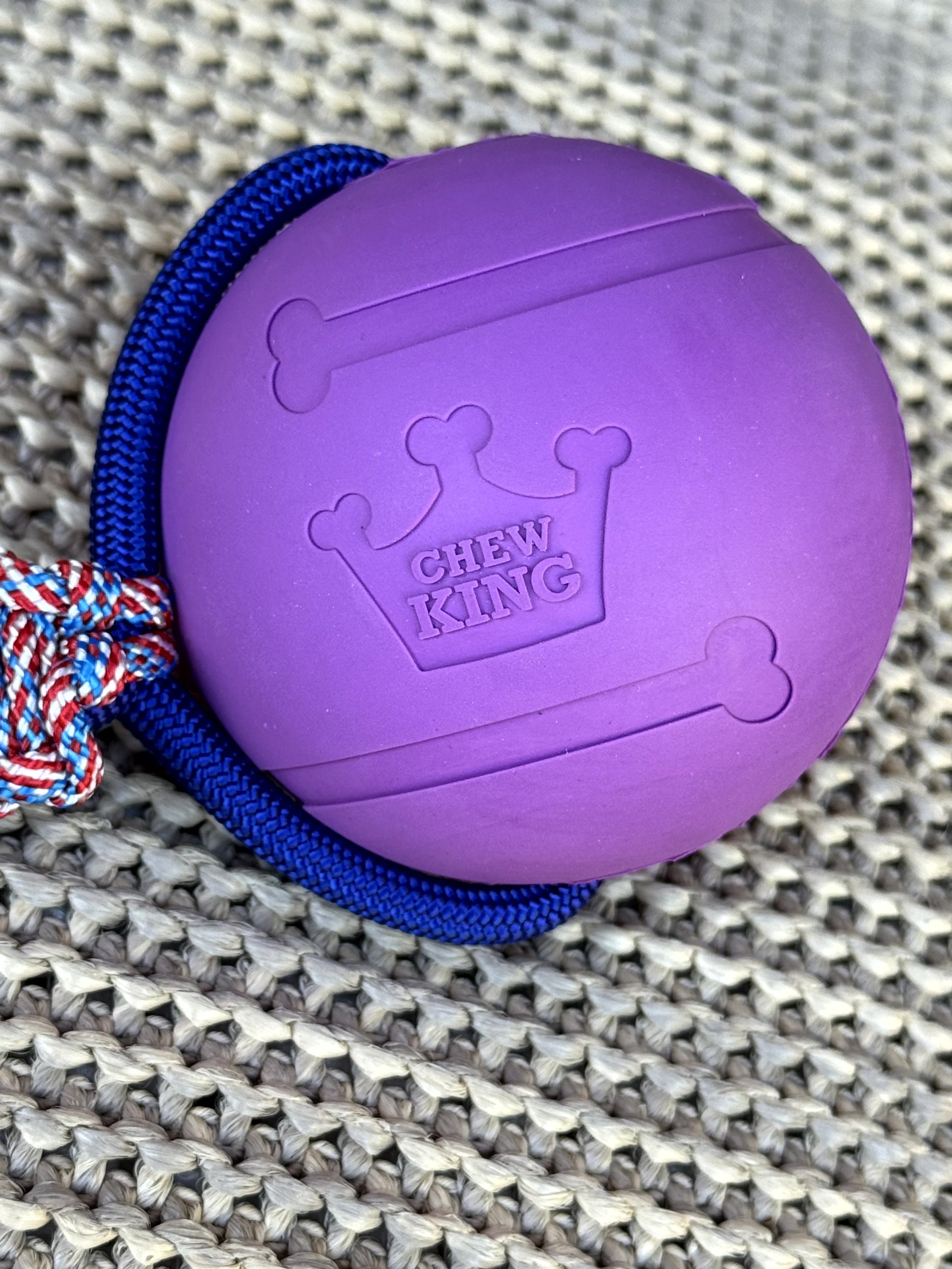 Tug Toy 12" Americana Red, White, & Blue 3" Ball close up of purple chew king ball