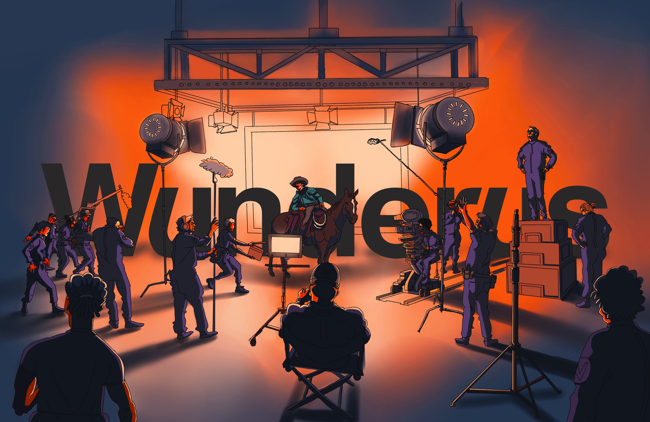 A behind-the-scenes view of a video or photo shoot for a Vanity Fair feature. Crew members are filming a person on horseback in front of a large backdrop with the word 'VANITY'. Professional lighting, cameras, and other equipment are set up, with personnel operating and adjusting them. The scene has a warm, orange glow.