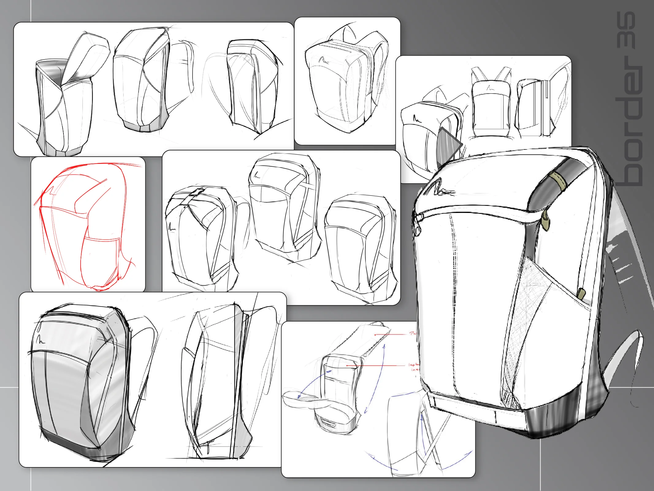 Initial concepts featured easy access 'liquids' pockets and a TSA compliant laptop compartment. Styling is intentionally subdued as a feature for travelers hoping to go unnoticed. 