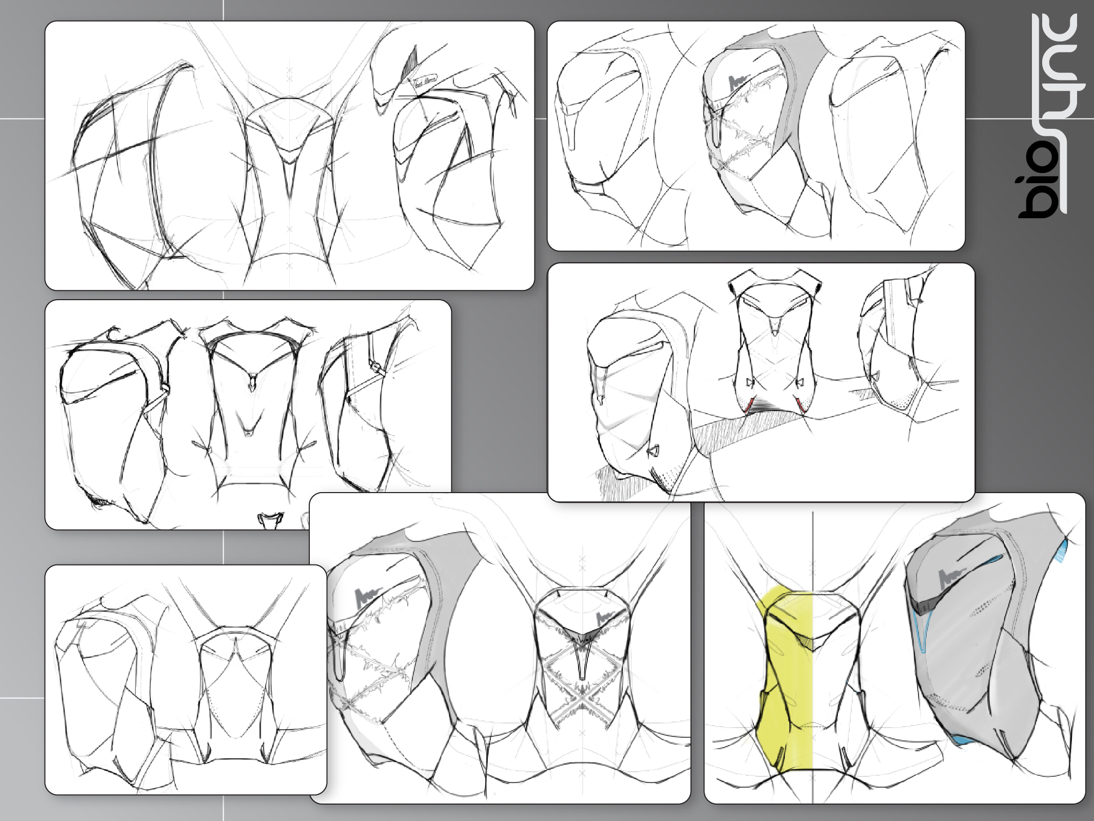 Initial sketch exploration focused on aggressive styling and intuitive overflow storage.