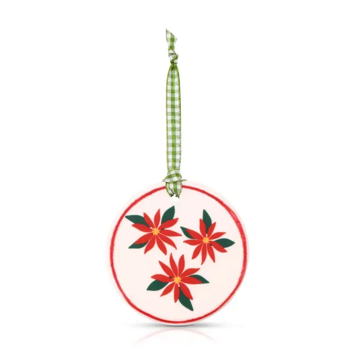 Pointsetta Ceramic Circle Holiday/Christmas Tree Ornament