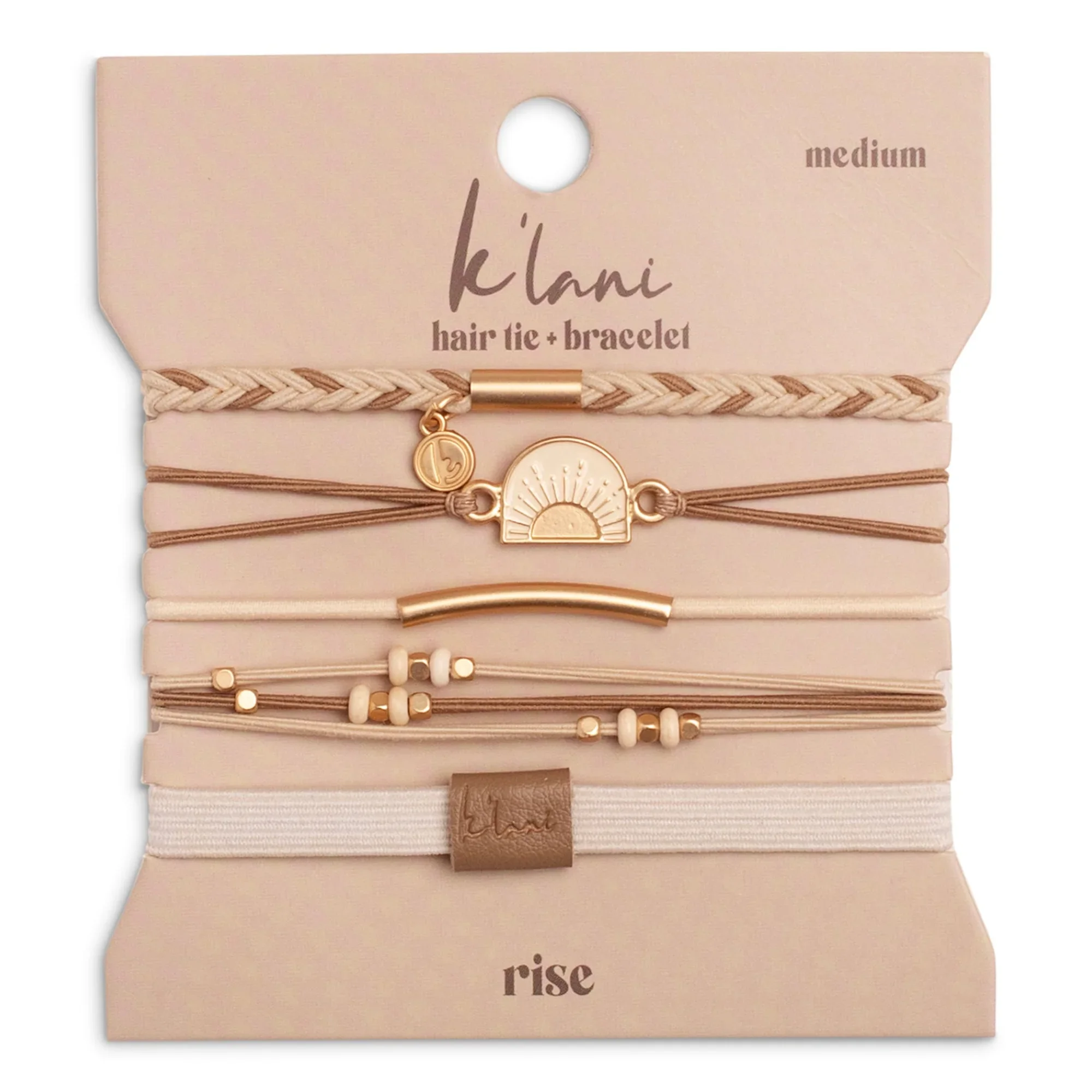 Set of 5 Hair Tie Bracelets in the style "Rise" Cream and Tan With Gold & Sun Accents