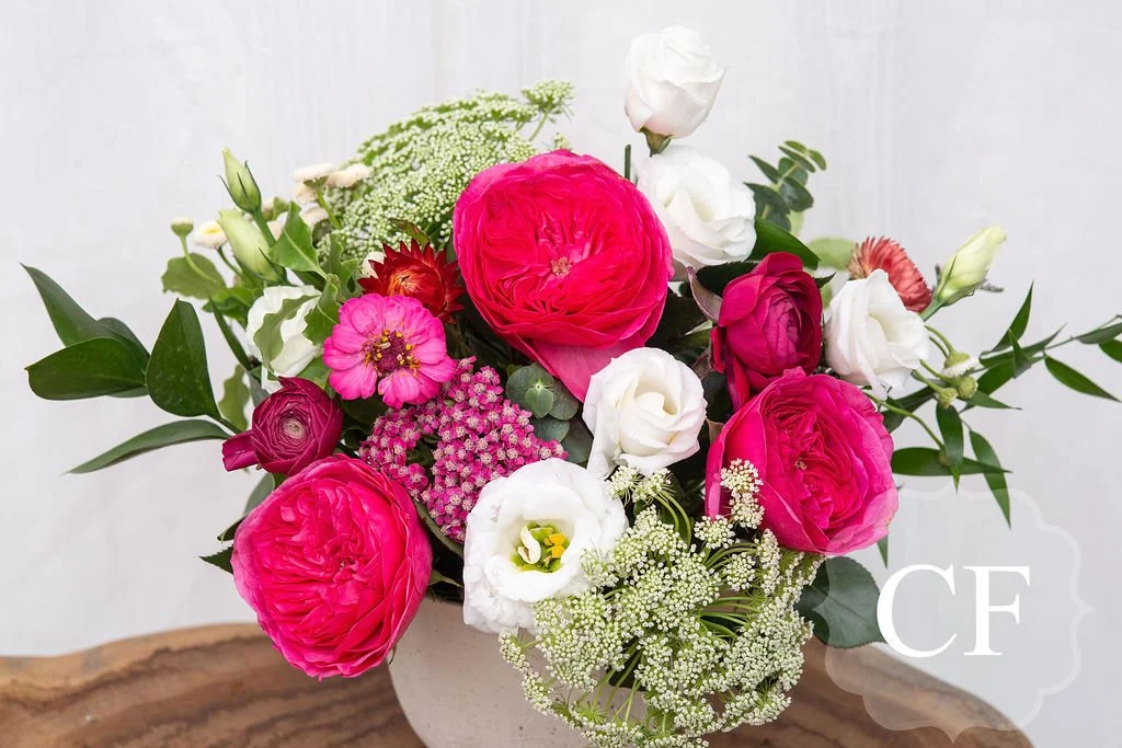 The Baroness Arrangement in White Vase. Fresh, Pink, and White. Mother's Day Flowers