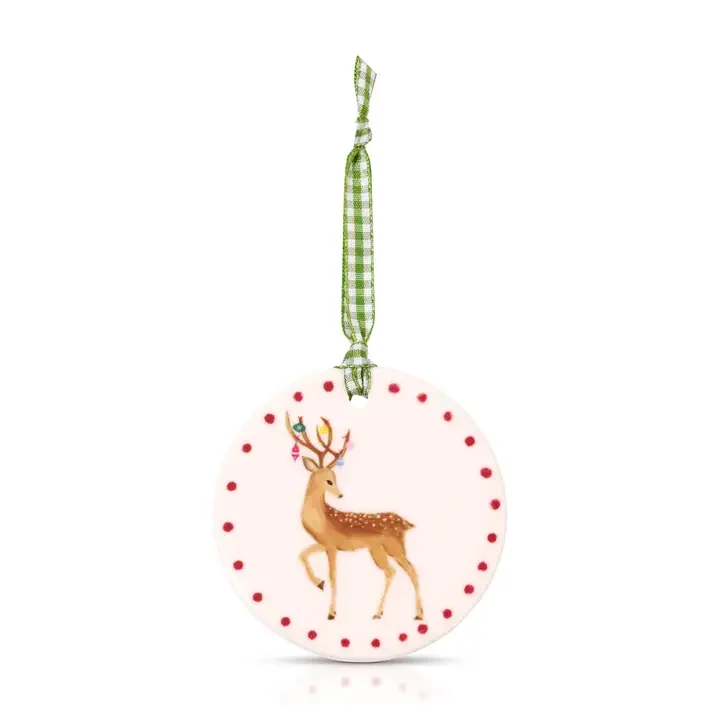 Raindeer Ceramic Circle Holiday/Christmas Tree Ornament