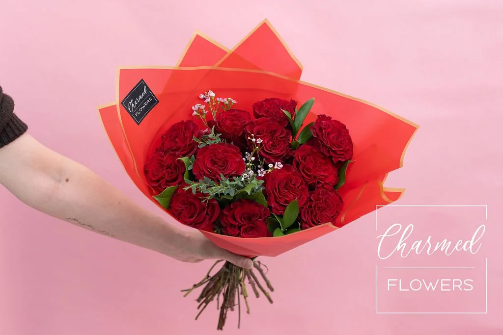 Bouquet of Red Ruffle Heart Roses, wrapped in Red Paper