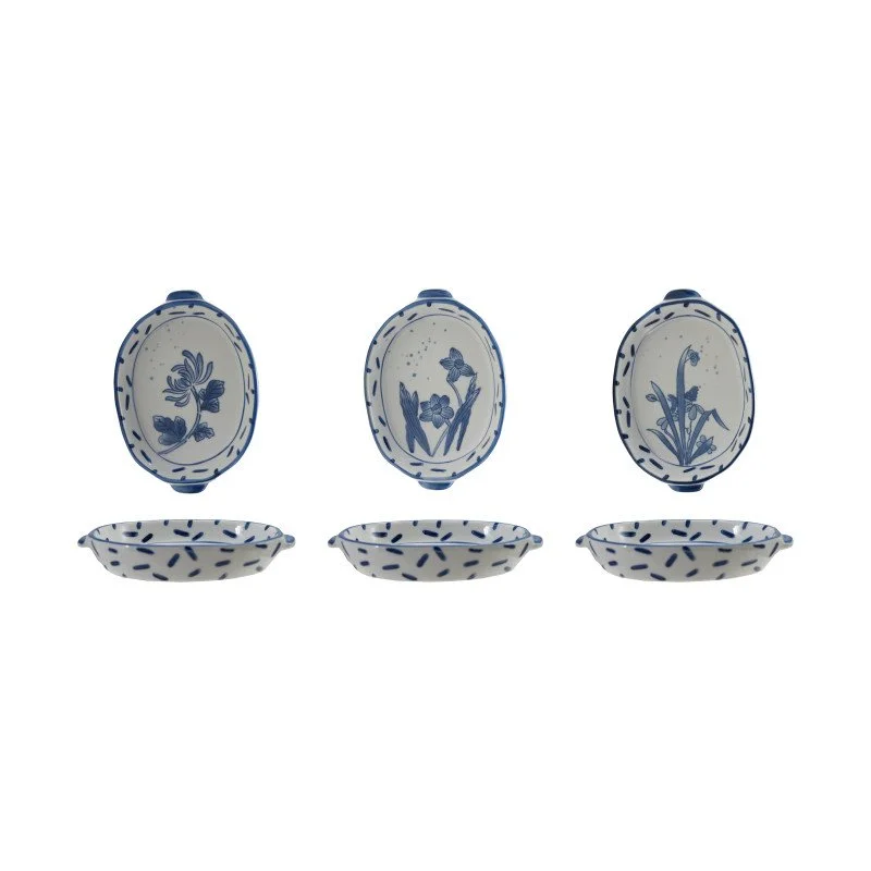 Three Hand Painted Stoneware Baker Assorted Blue Design