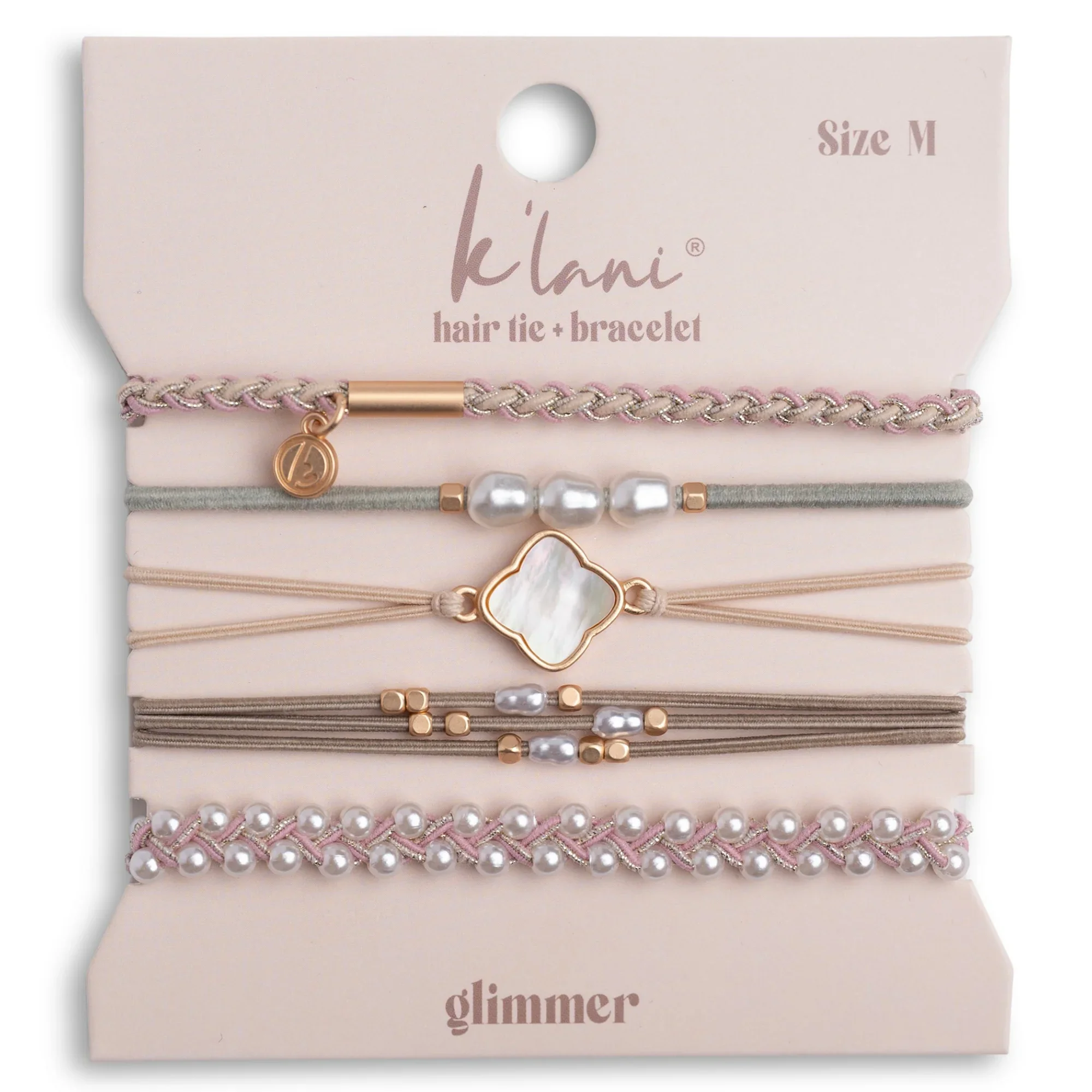 Set of 5 Hair Tie Bracelets in the style "Glimmer" Soft Pinks with Pearl & Gold Accent
