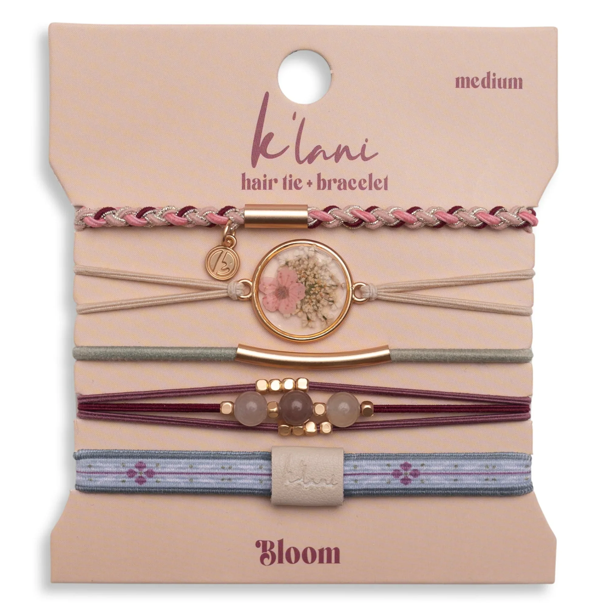 Set of 5 Hair Tie Bracelets in the style "Bloom" Maroon & Pink with Pressed Flowers