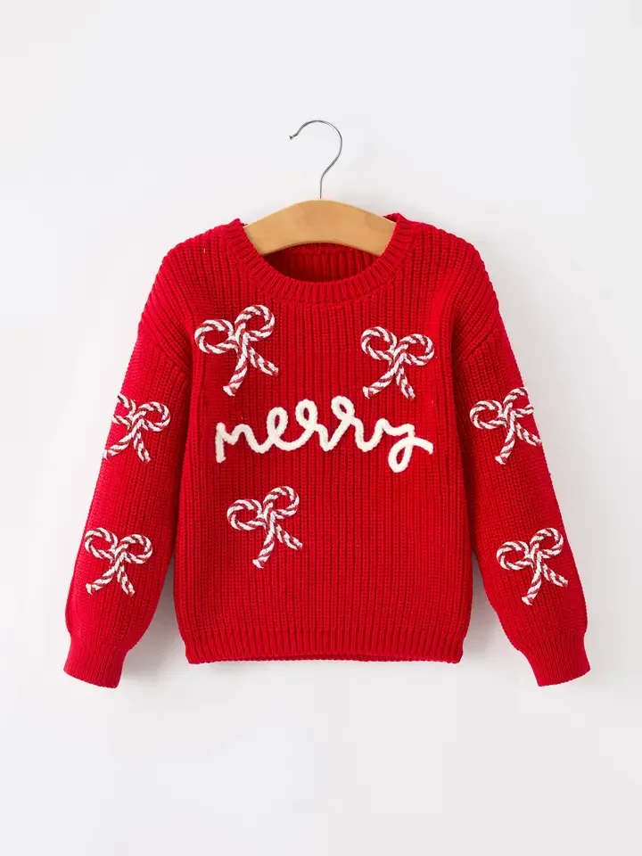 Red Marry Pullover Sweater, Cable Knit with Candy Cane Bows
