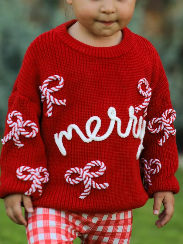 Red Marry Pullover Sweater, Cable Knit with Candy Cane Bows