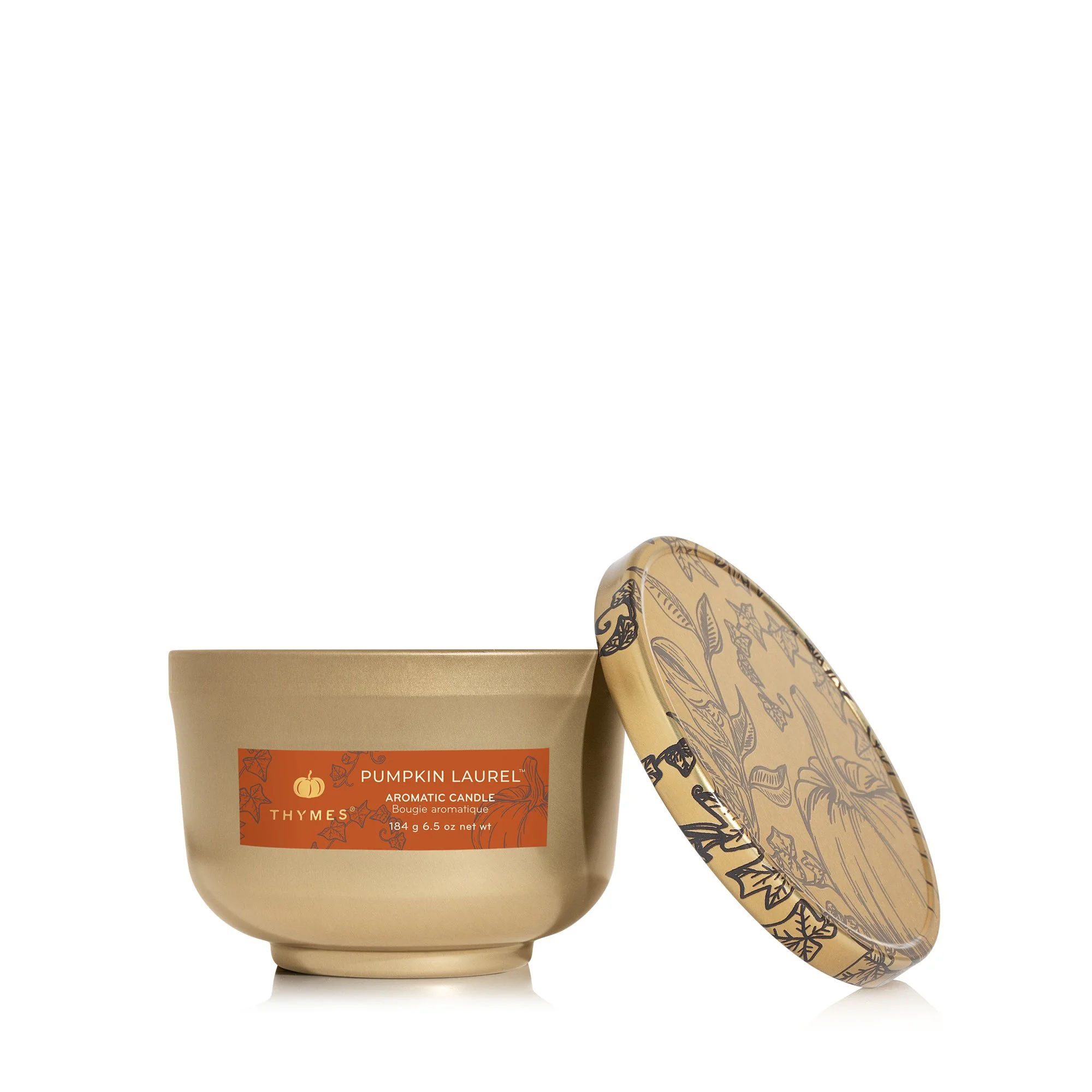 Thymes Pumpkin Laurel Sented Candle in Gold Container with Lid