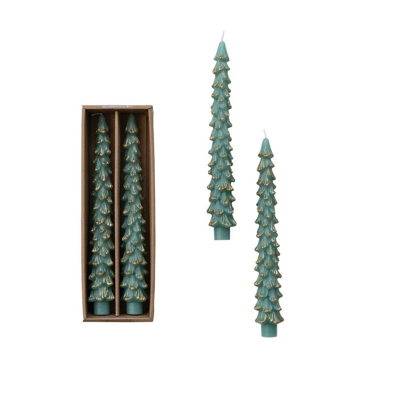 Green Christmas or Pine Needle Tree Wax Taper Candle Sticks