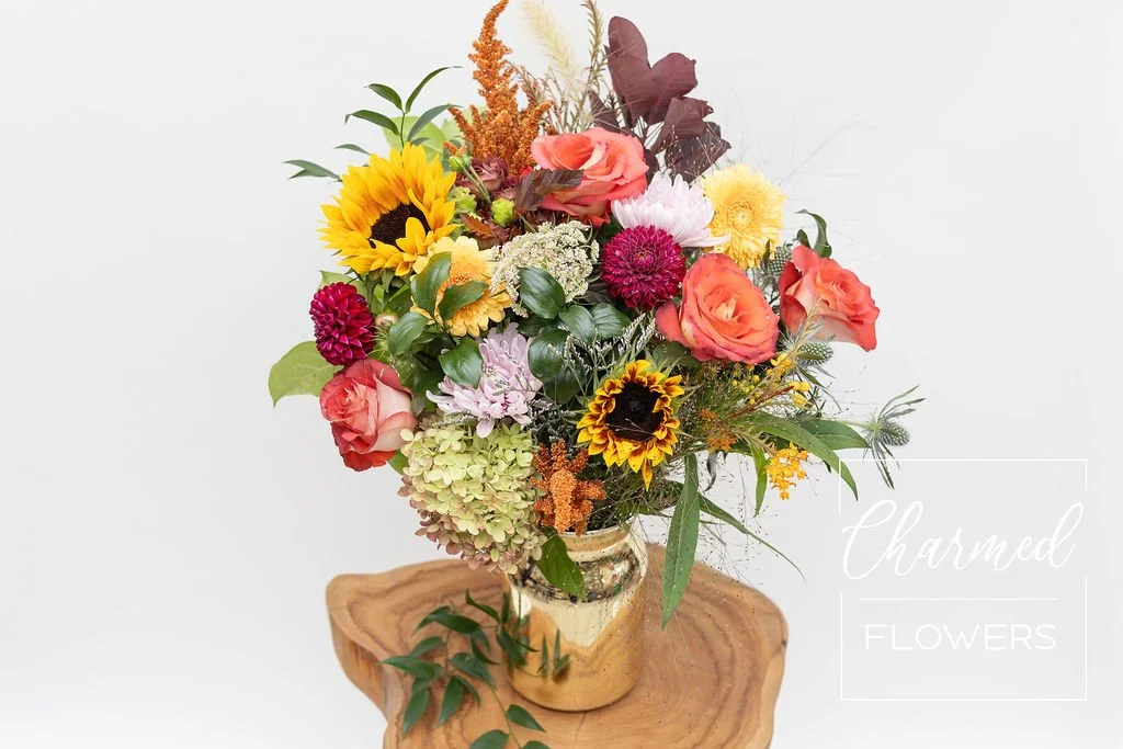 fall flowers in gold vase 2
