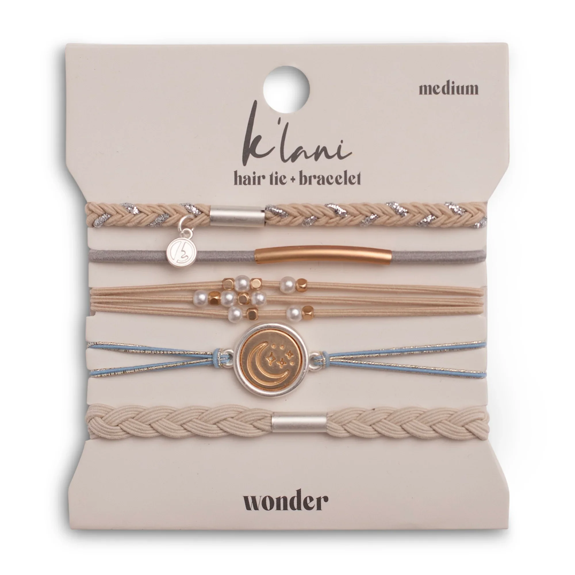 Set of 5 Hair Tie Bracelets in the "Wonder" Soft Creams & Blues with Pearls & Gold Hair Tie Bracelets
