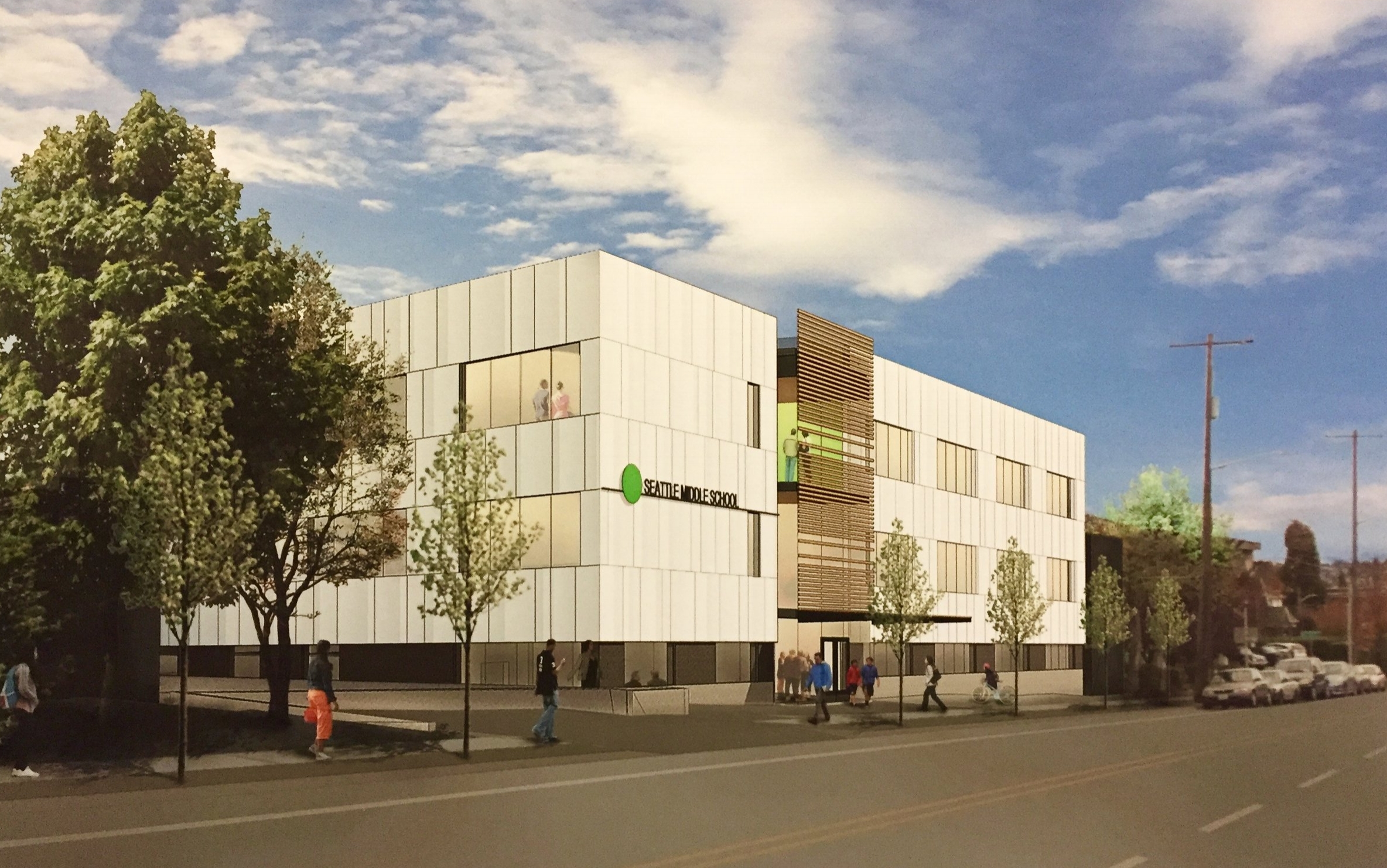 A rendering of the new Green Dot Middle School seen looking south on Rainier Ave. in Seattle.
