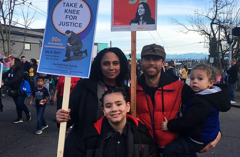 The Hill-Halvorsons at the MLK Day March in Seattle in 2018. Photo by Jon Halvorson.