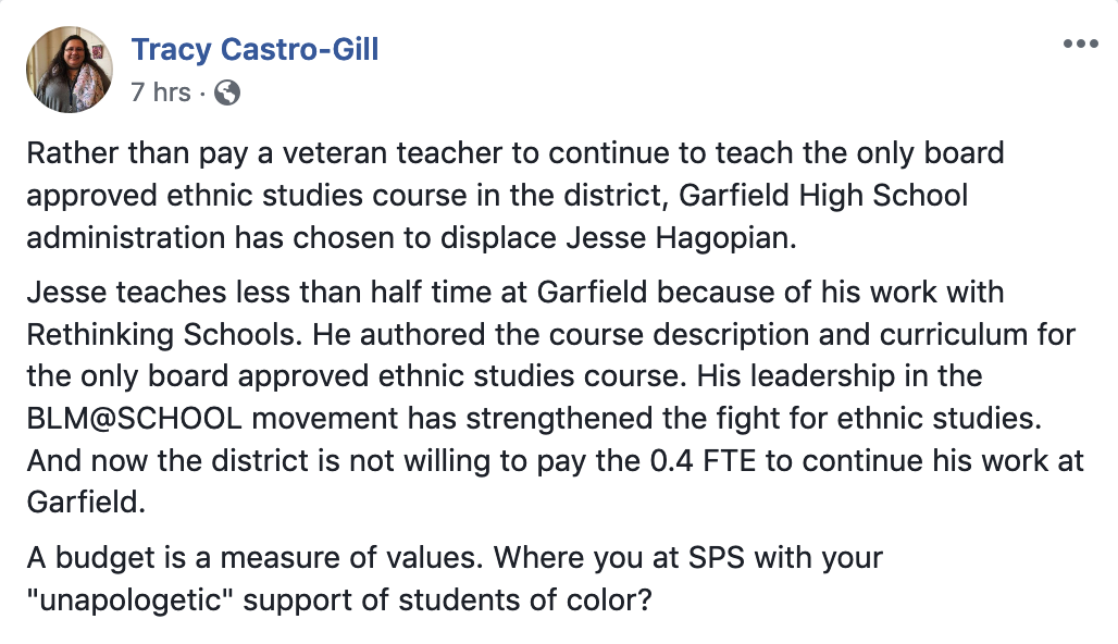 Jesse Hagopian is being displaced at Garfield High School