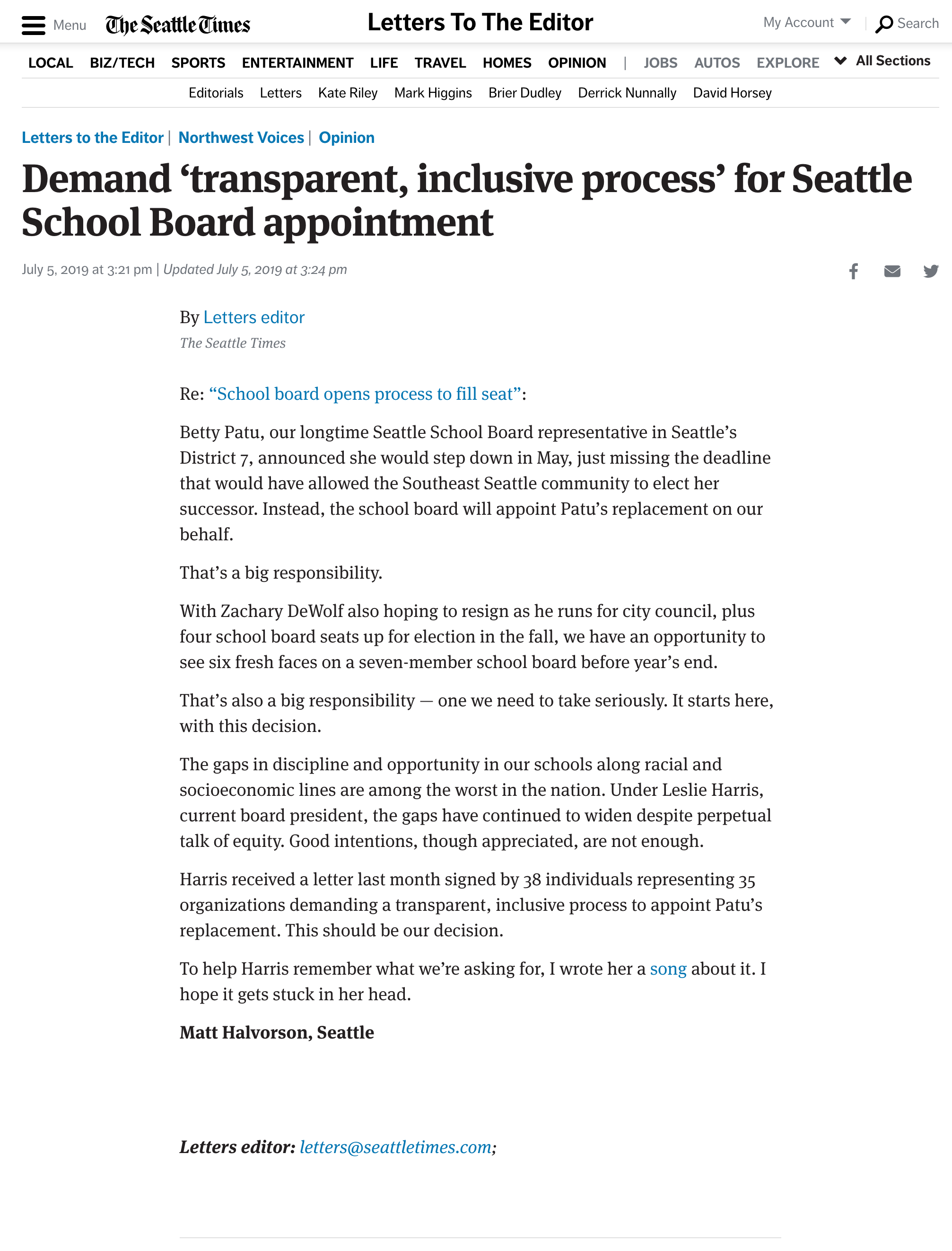 From the Seattle Times: "Demand ‘transparent, inclusive process’ for Seattle School Board appointment," by Matt Halvorson