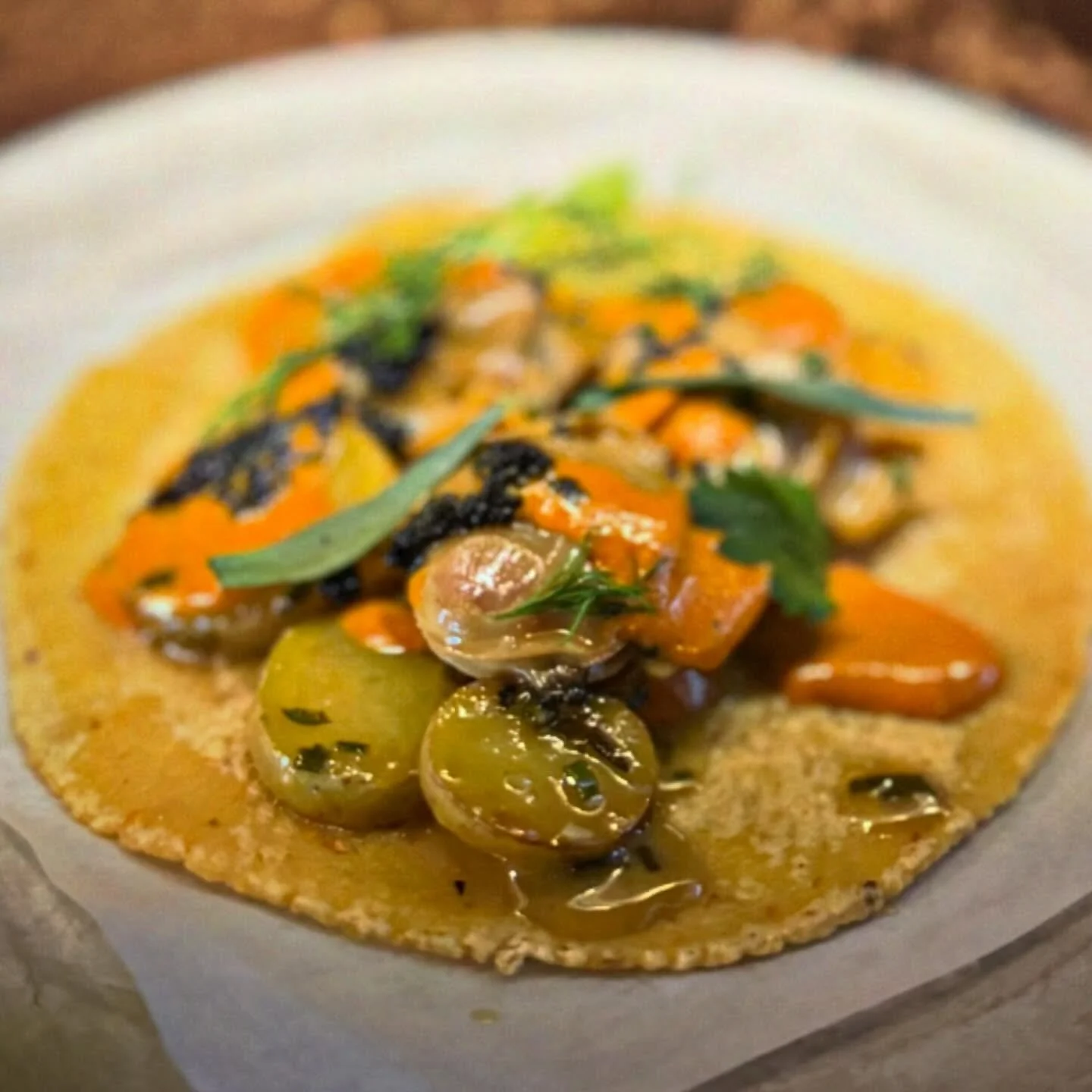 Whole Clam Taco / Fingerling Potatoes, Herbs, Tobiko, Mojo Picon