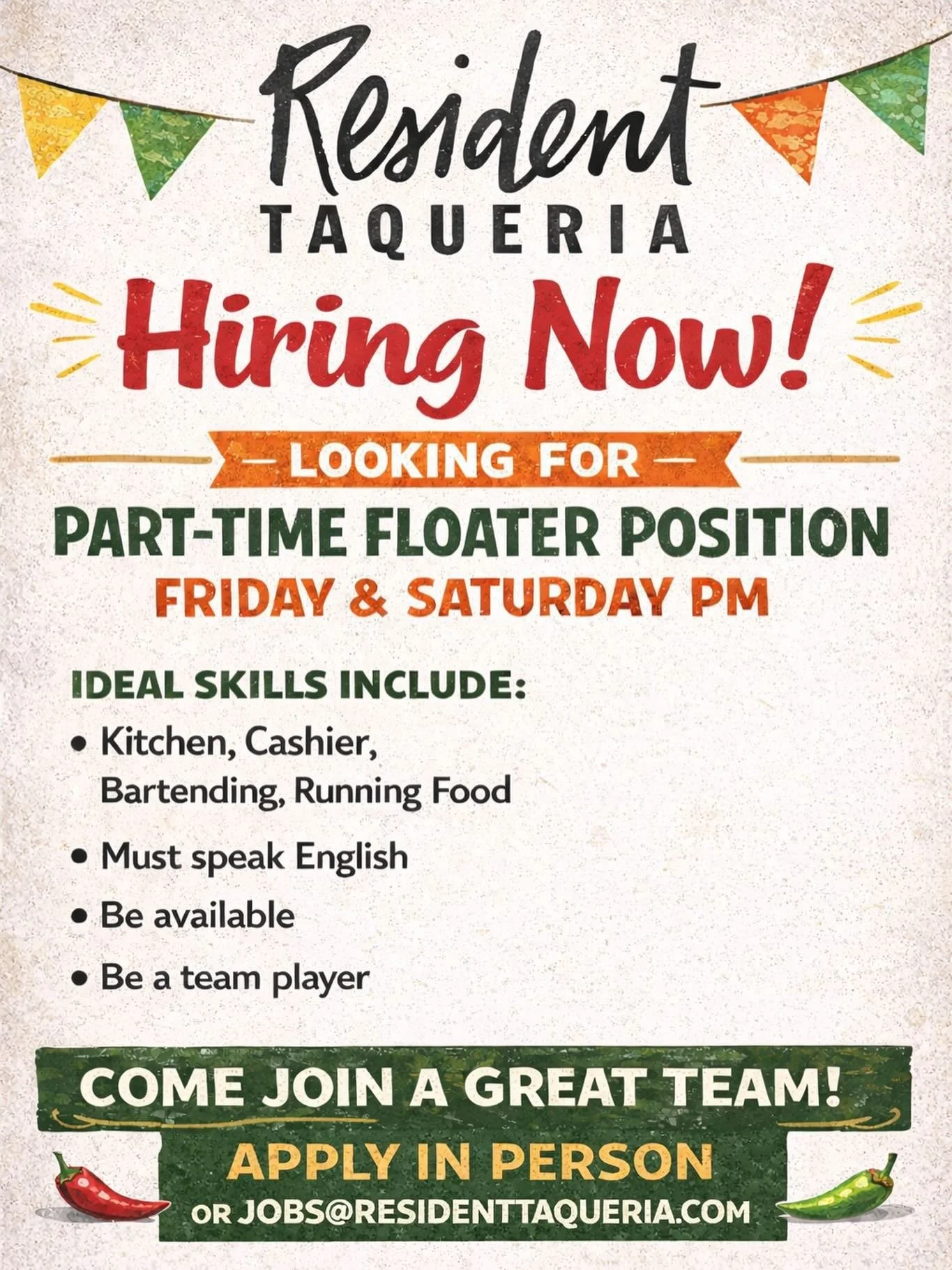 We&rsquo;re hiring! 🌼 Please Forward! 
Looking for a Part-Time Floater for Friday &amp; Saturday PM shifts.
Kitchen &bull; Cashier &bull; Bartending &bull; Running Food

If you&rsquo;re reliable, speak English, and love working with a great team&mda