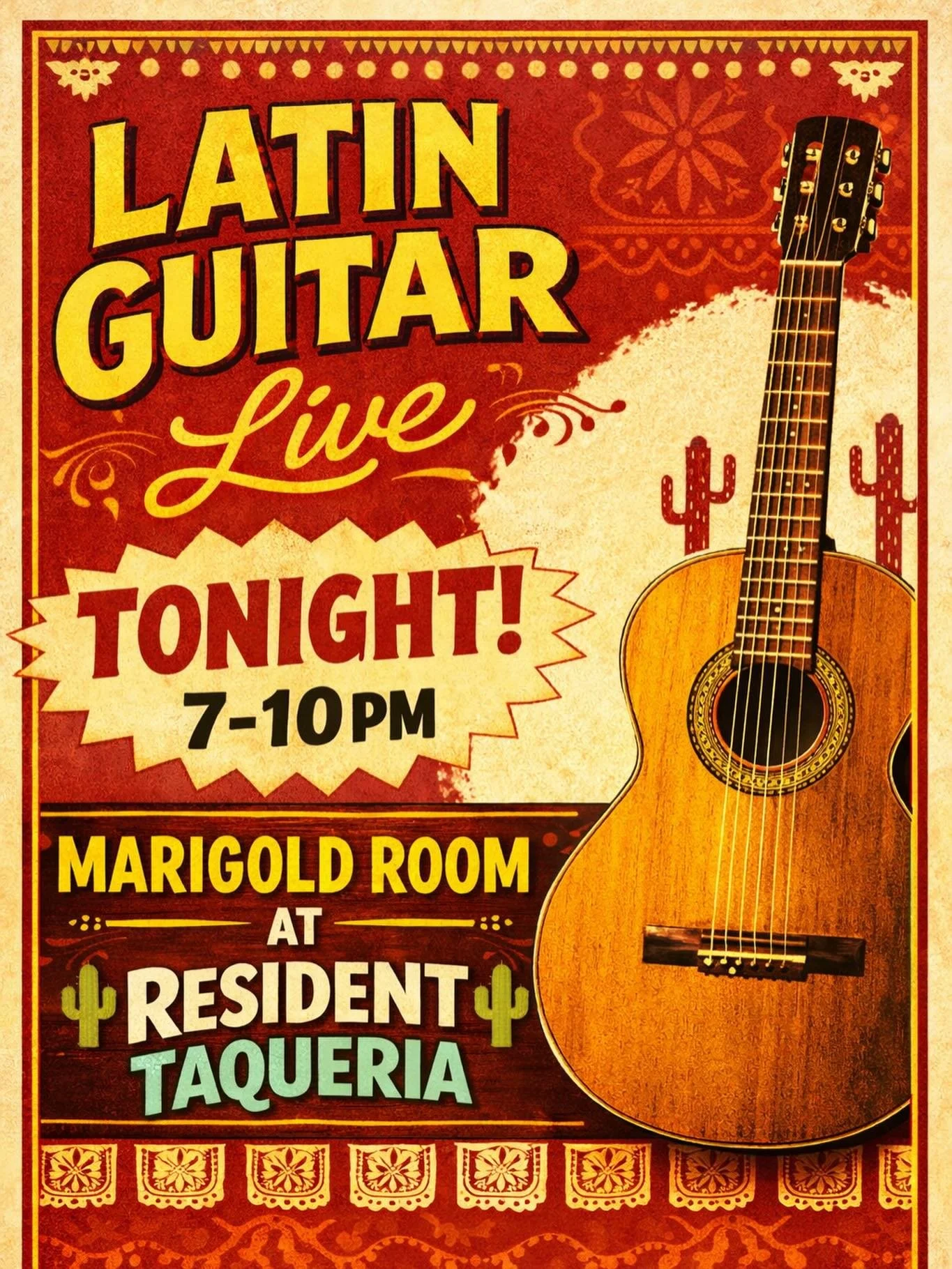 An evening of live Latin guitar awaits.
Join us in the Marigold Room for a relaxed night of music, cocktails, and conversation.

🕖 Tonight | 7&ndash;10 PM
📍 Resident Taqueria