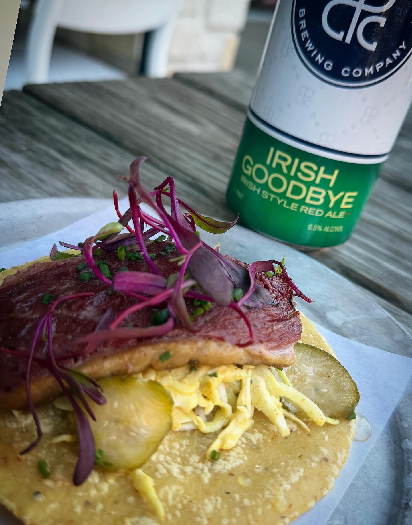 ☘️ Corned Beef Taco / Mustard Slaw, Spicy Pickles, Beet Greens.  Pair it with @peticolas Irish Goodbye!