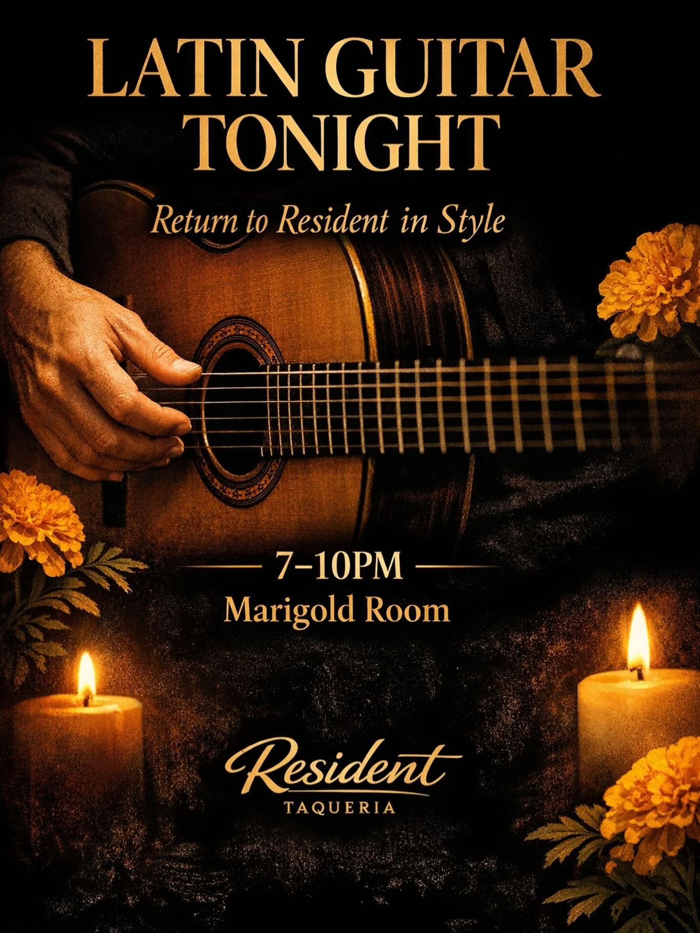 Back from Spring Break.
Let&rsquo;s keep the vibe going.
Ease back up at Resident! 
Latin Guitar
7&ndash;10PM | Marigold Room