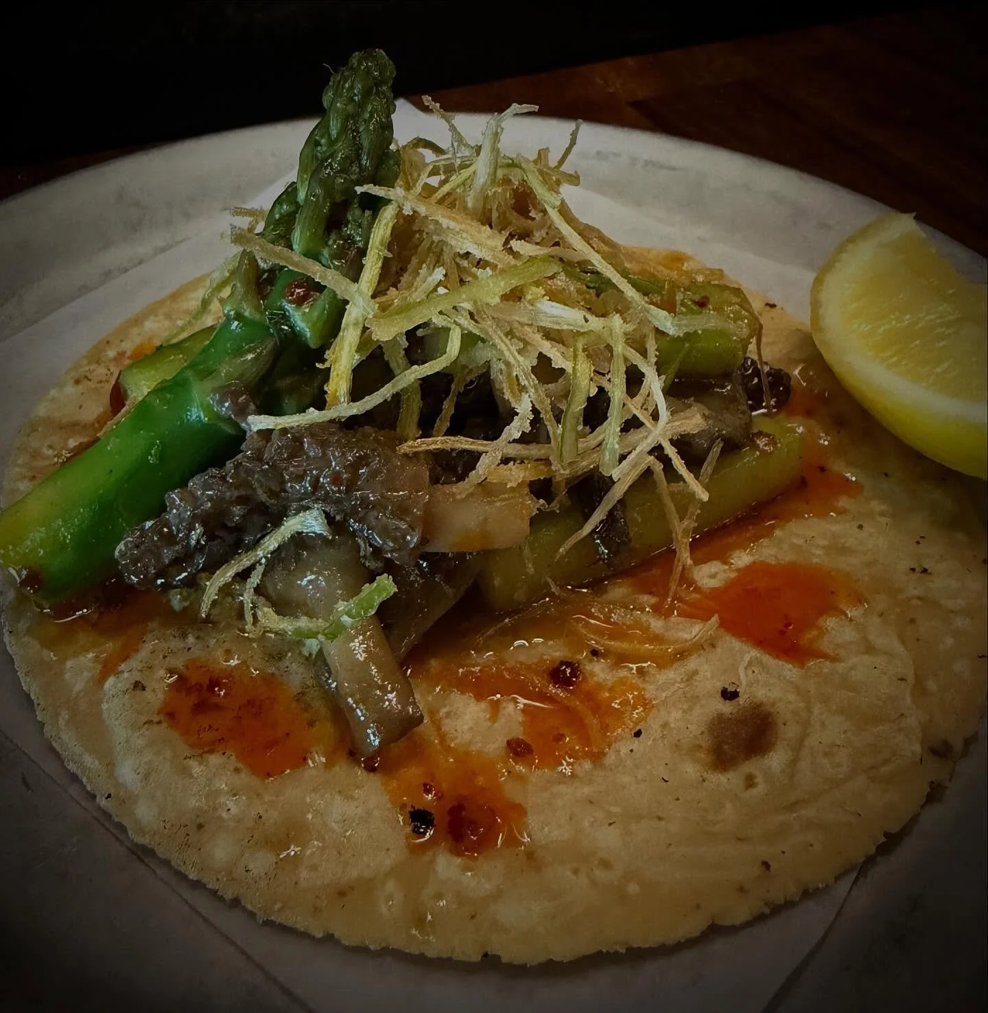 Morel &amp; Asparagus Taco / Herb Butter, Fried Leeks, Macha