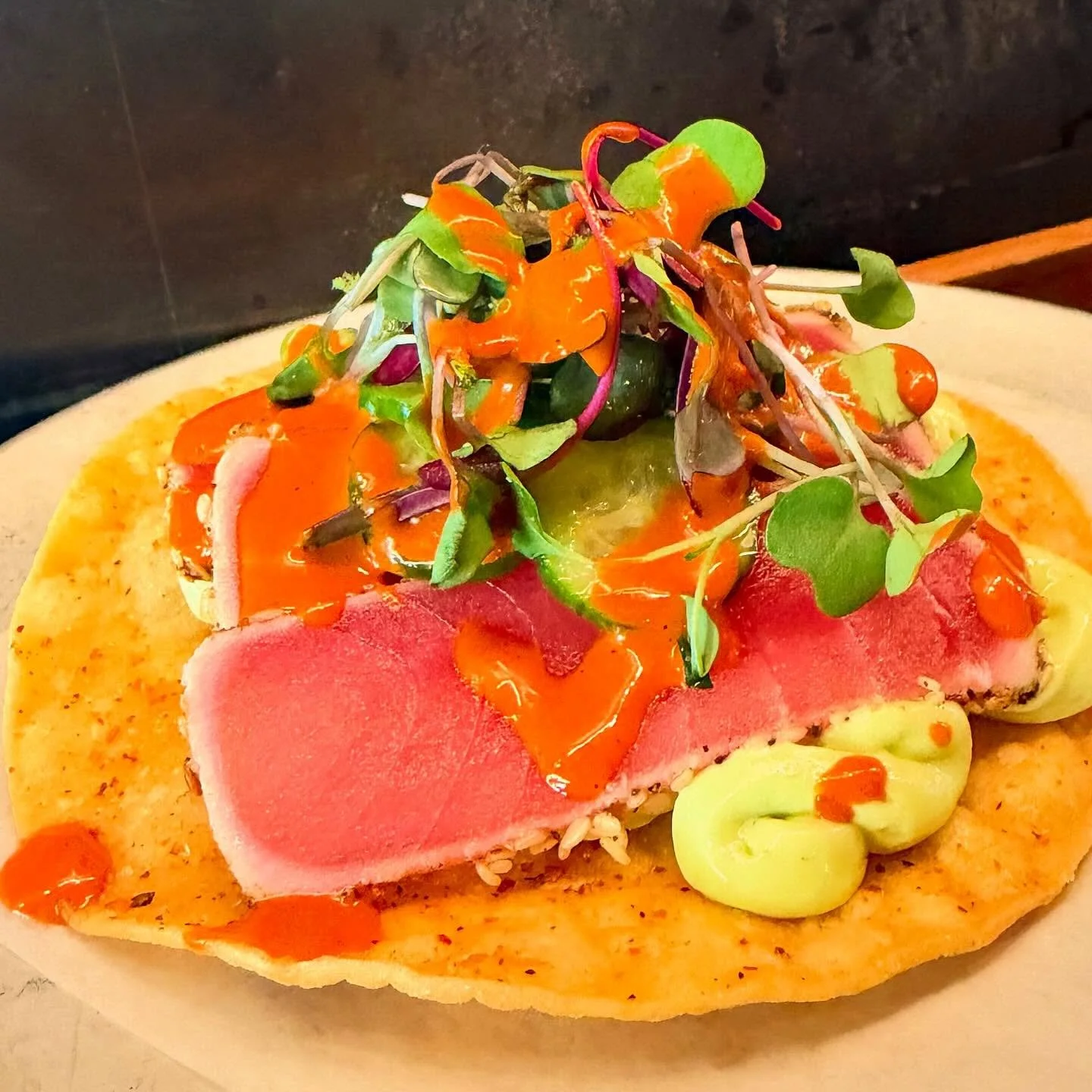 Ahi Tuna Tostada / Avocado, Cucumber, Gaujillo Sambal Oelek