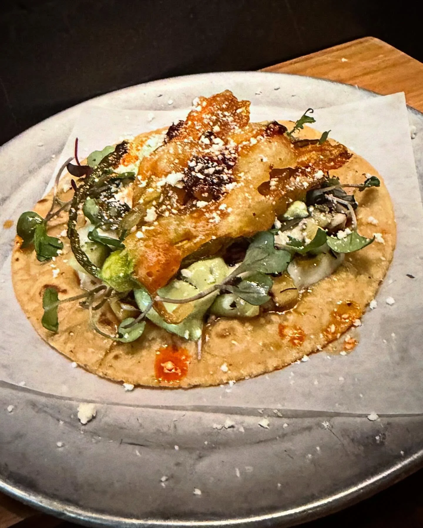 Fried Squash Blossom / Calabacitas, Mozzarella, Jalape&ntilde;o Avocado Mayo