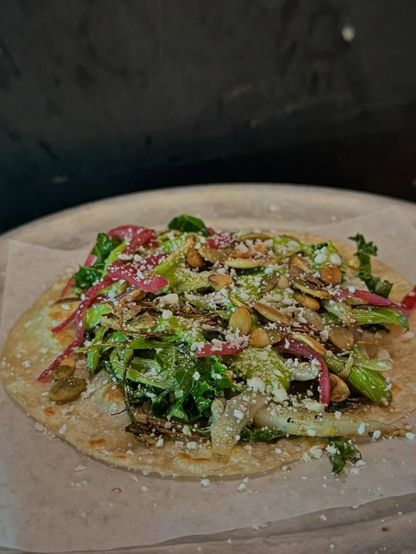 Spring Green Garlic Taco / Caramelized  Garlic, Pickled Red Onion, Pumpkin Seeds, Cotija