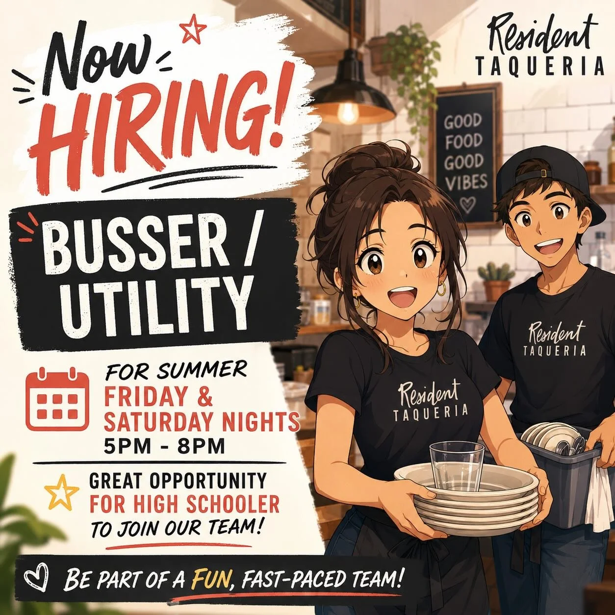 NOW HIRING ✨

Looking for a great summer opportunity?Resident Taqueria is hiring a Busser / Utility team member for Friday &amp; Saturday nights from 5PM&ndash;8PM.

Perfect for a high school student looking to:&bull; gain restaurant experience&bull;