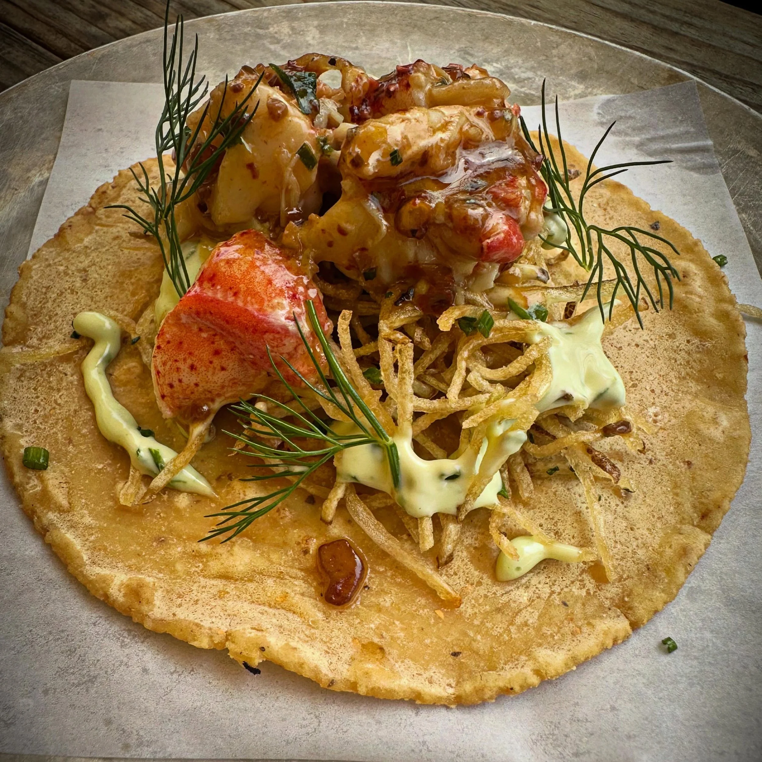 Fish &amp; Chips Taco / Maine Lobster, shoestring Potatoes, Basil Aioli