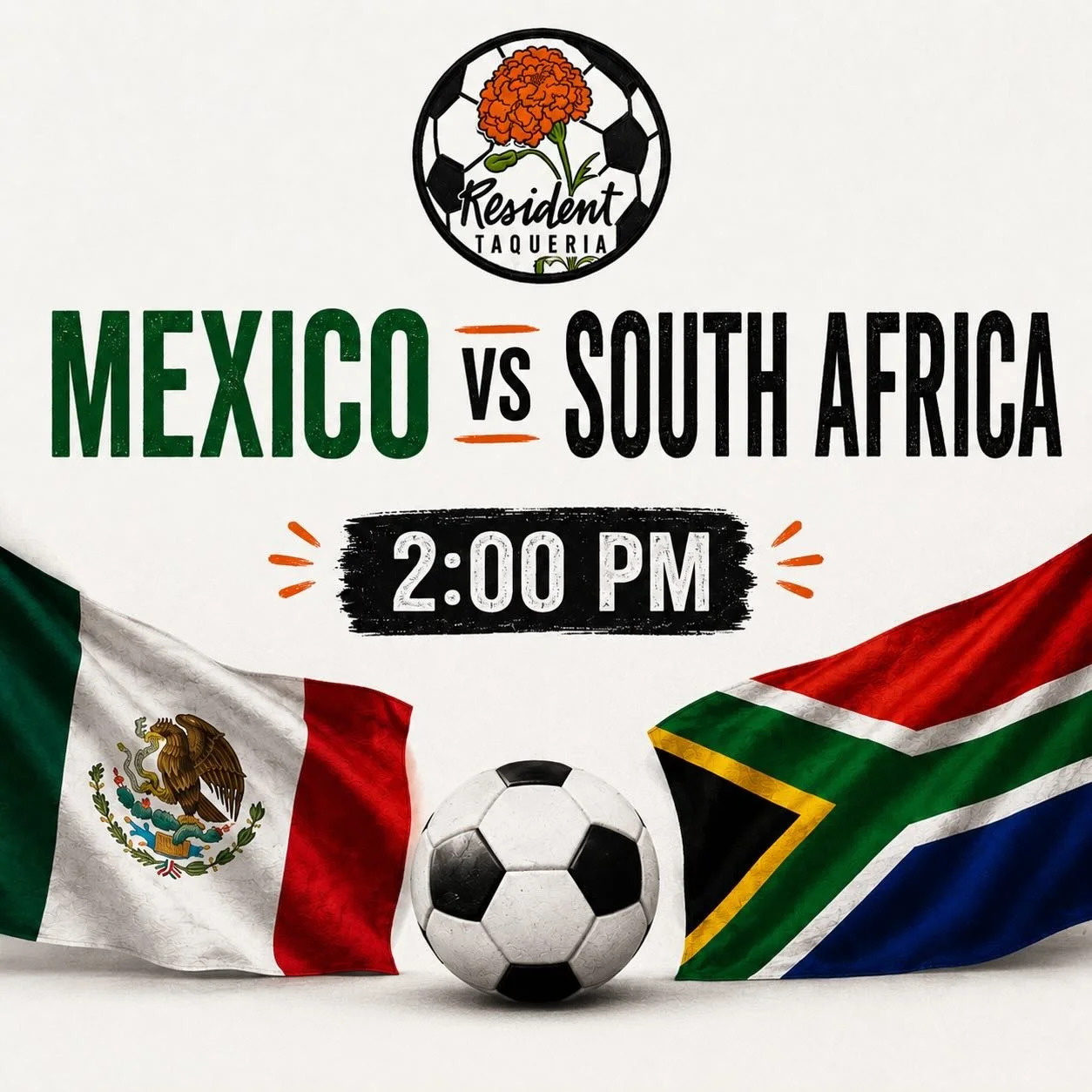 ⚽ Match Day at Resident Taqueria! ⚽

Join us at 2:00 PM as Mexico takes on South Africa in one of the summer&rsquo;s biggest international soccer matches.

Bring your friends, grab some tacos, and enjoy the excitement with fellow fans. We&rsquo;ll ha