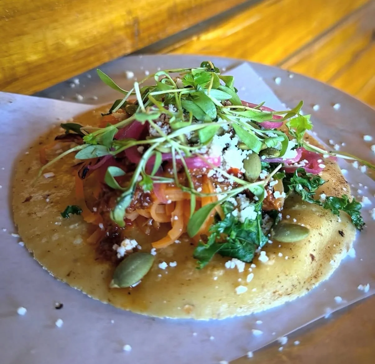Sweet Potato Taco / Kale, Pickled Red Onion, Pepita, Cotija, Craisin, Salsa Macha