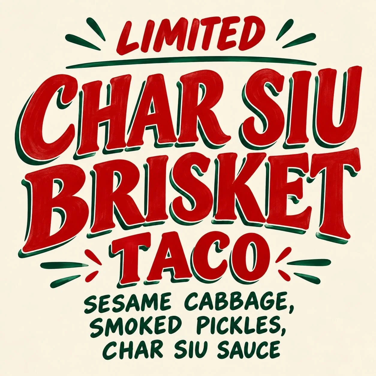 LIMITED TACO ALERT! 🌮

A little Texas BBQ meets Chinese BBQ, Resident style.

Introducing our Char Siu Brisket Taco &mdash; tender brisket glazed in a rich, sweet and savory char siu sauce, topped with sesame cabbage, smoked pickles, and a little mo