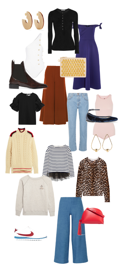 gold hoops , black button top , n avy off the shoulder dress , gold stud clutch, white body suit , faux snakeskin boot , copper pants , black ruffle top , vintage high rise jeans , pink body suit , blue satin and velvet flats , gold orb hoop earrings , cream cable knit stripe sweater , stripe top , leopard print top , vintage style sweatshirt , blue wide leg pants , red tassel bag , red and white sneakers