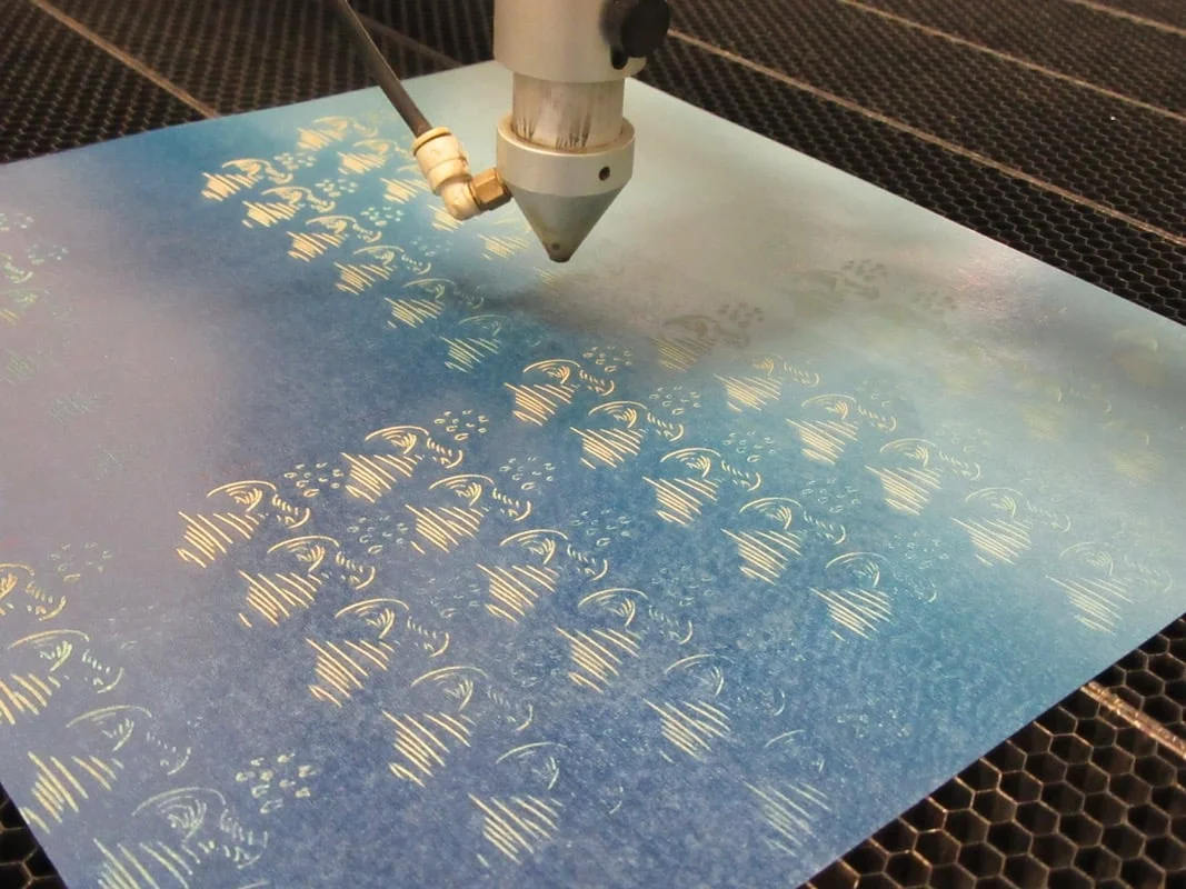 Creating step tests, a pallet of marks on the laser cutter. Dundee Contemporary Arts, Dundee Scotland, 2015.