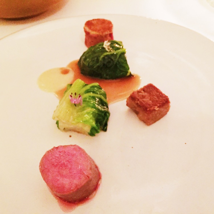 spring lamb variations with romaine and garlic broth 