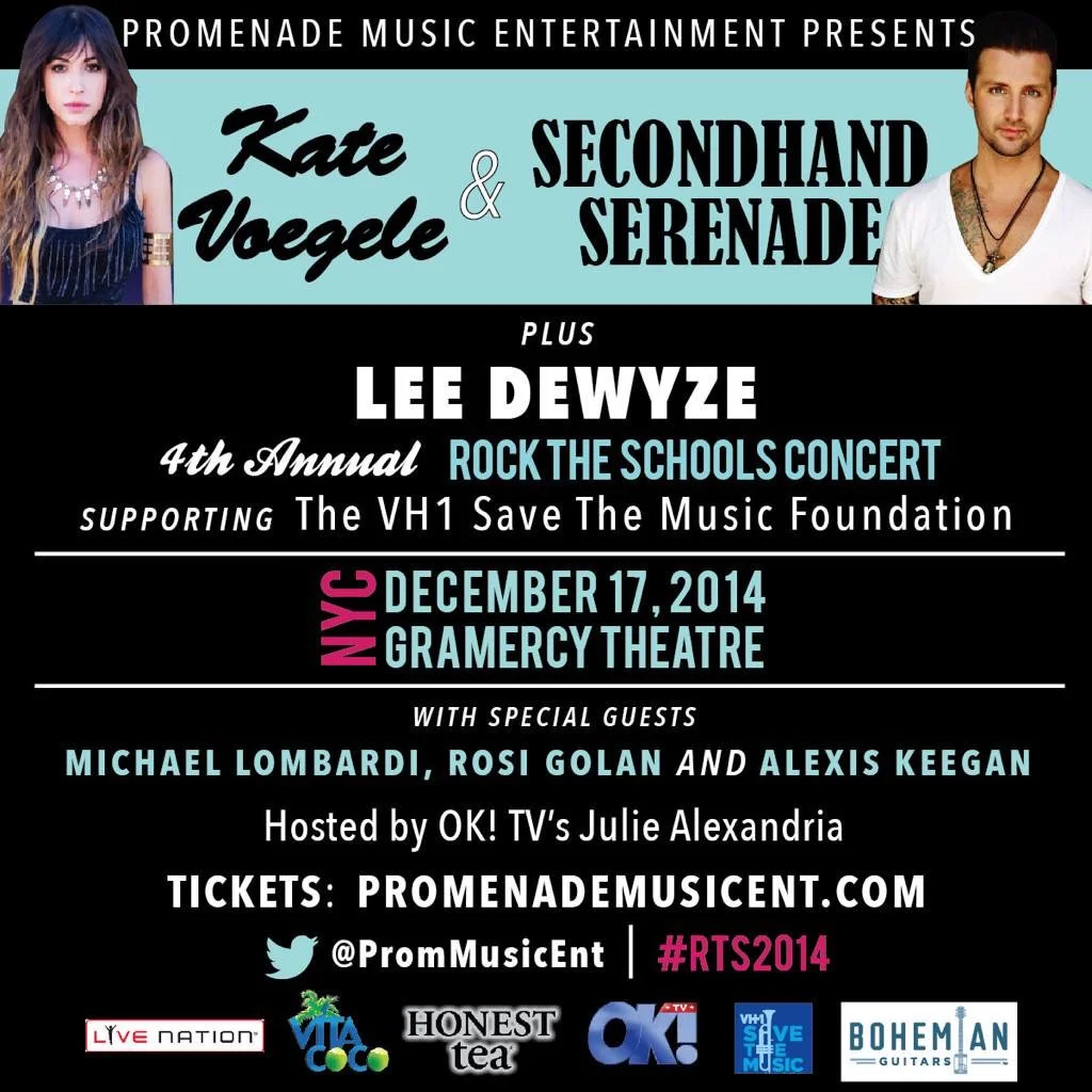 4th Annual Show - December 17, 2014 Performances by Kate Voegele and Secondhand Serenade, Lee DeWyze, Michael Lombardi. Sponsors included Live Nation, Z100 New York, OK! TV, Vita Coco, Honest Tea & Bohemian Guitars. VIEW PRESS HERE