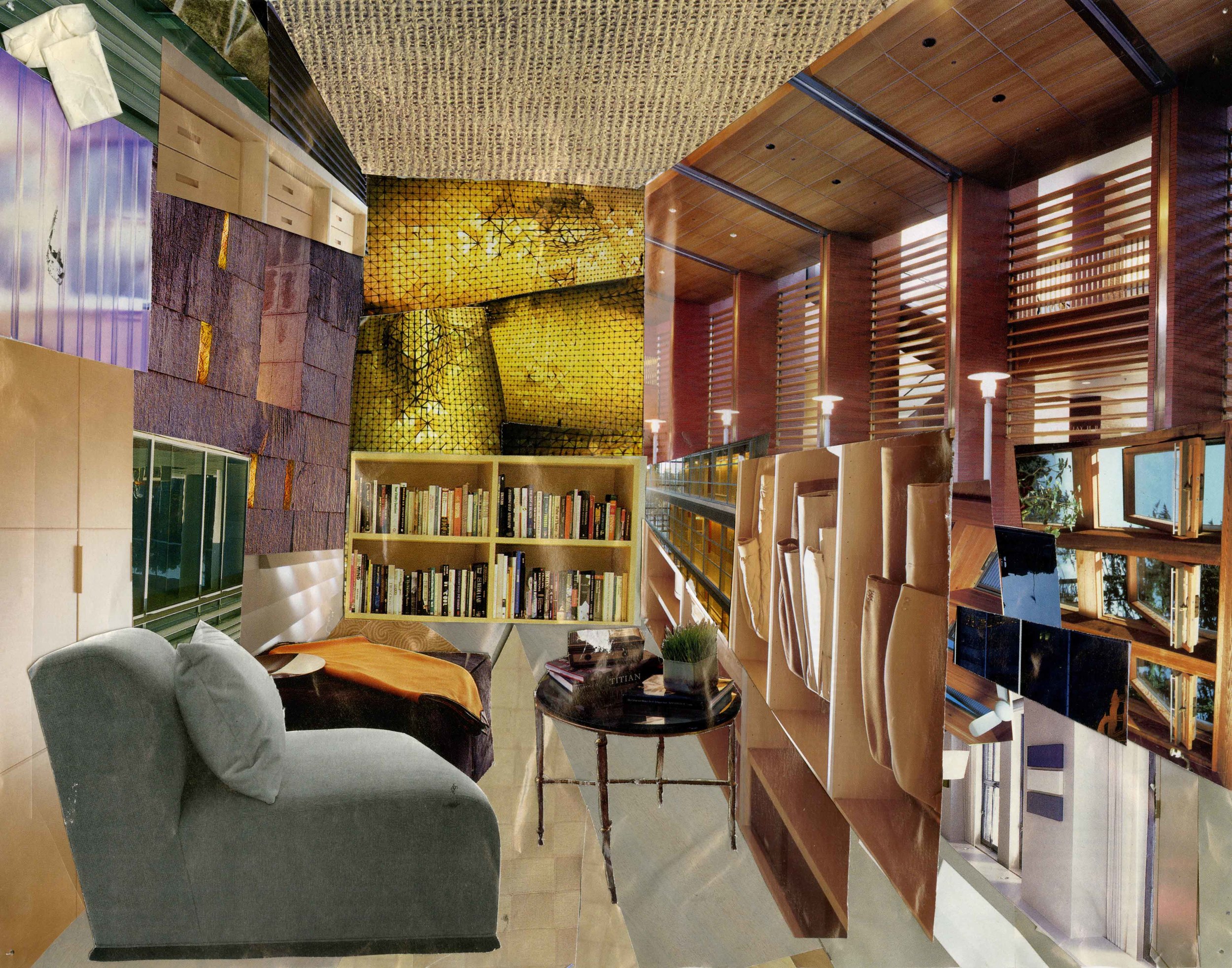  Collage of magazine cut-outs that inspired my idea for the upstairs semi-private reading nooks.