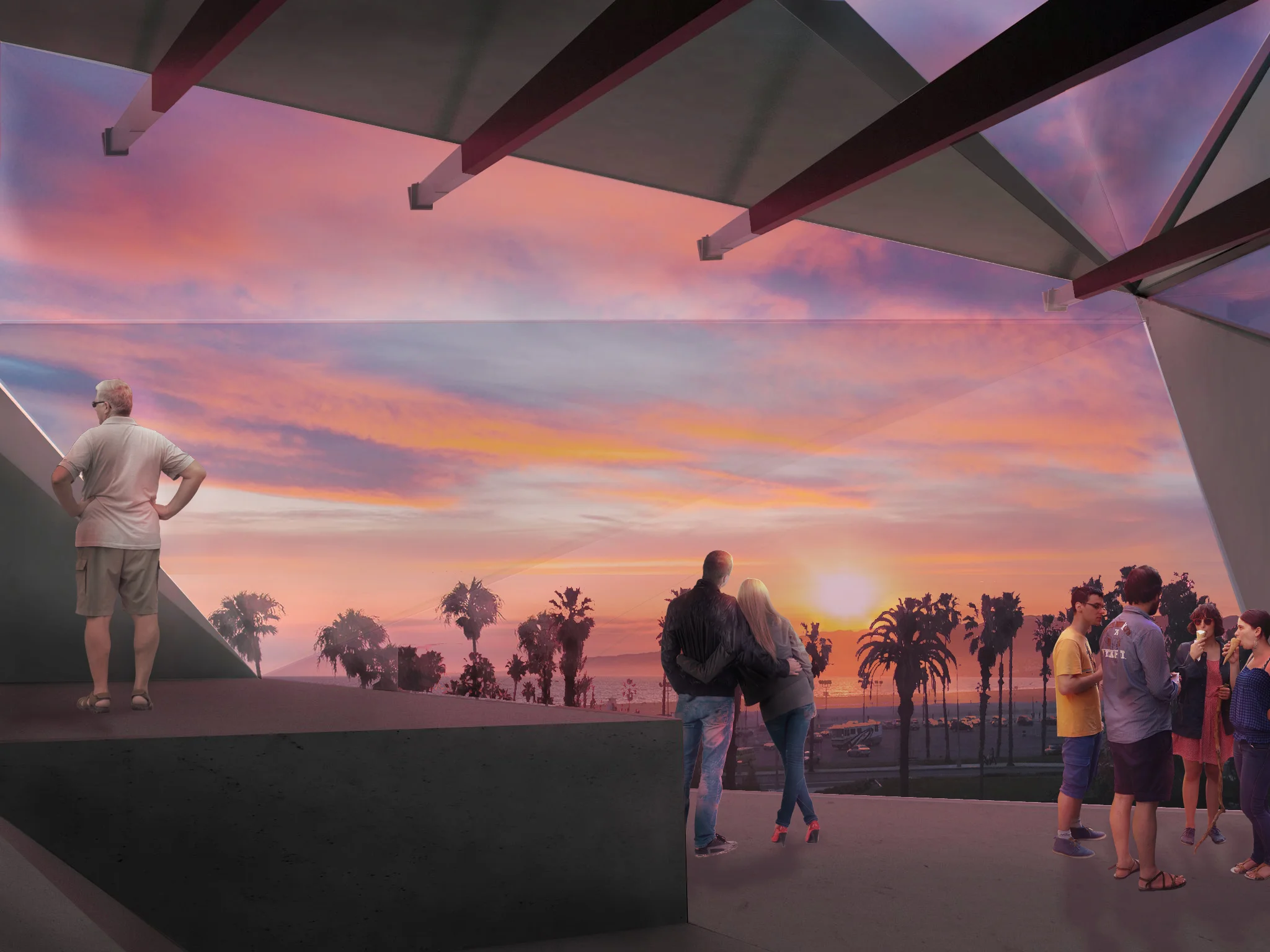  24-hour publicly-accessible Gallery Space during a typical "Best-Coast" sunset.
