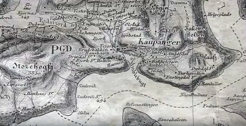 This 1874 map shows Hostaker located above Kaupanger.