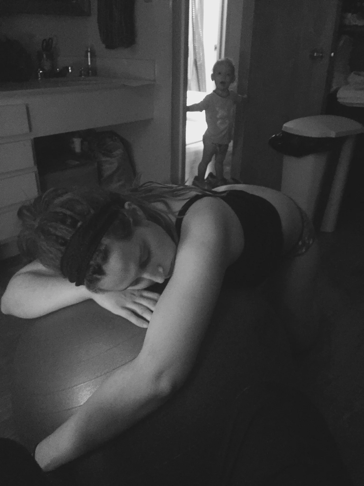 My go-to position during Labour: hands and knees, and draped over the Birthing Ball.