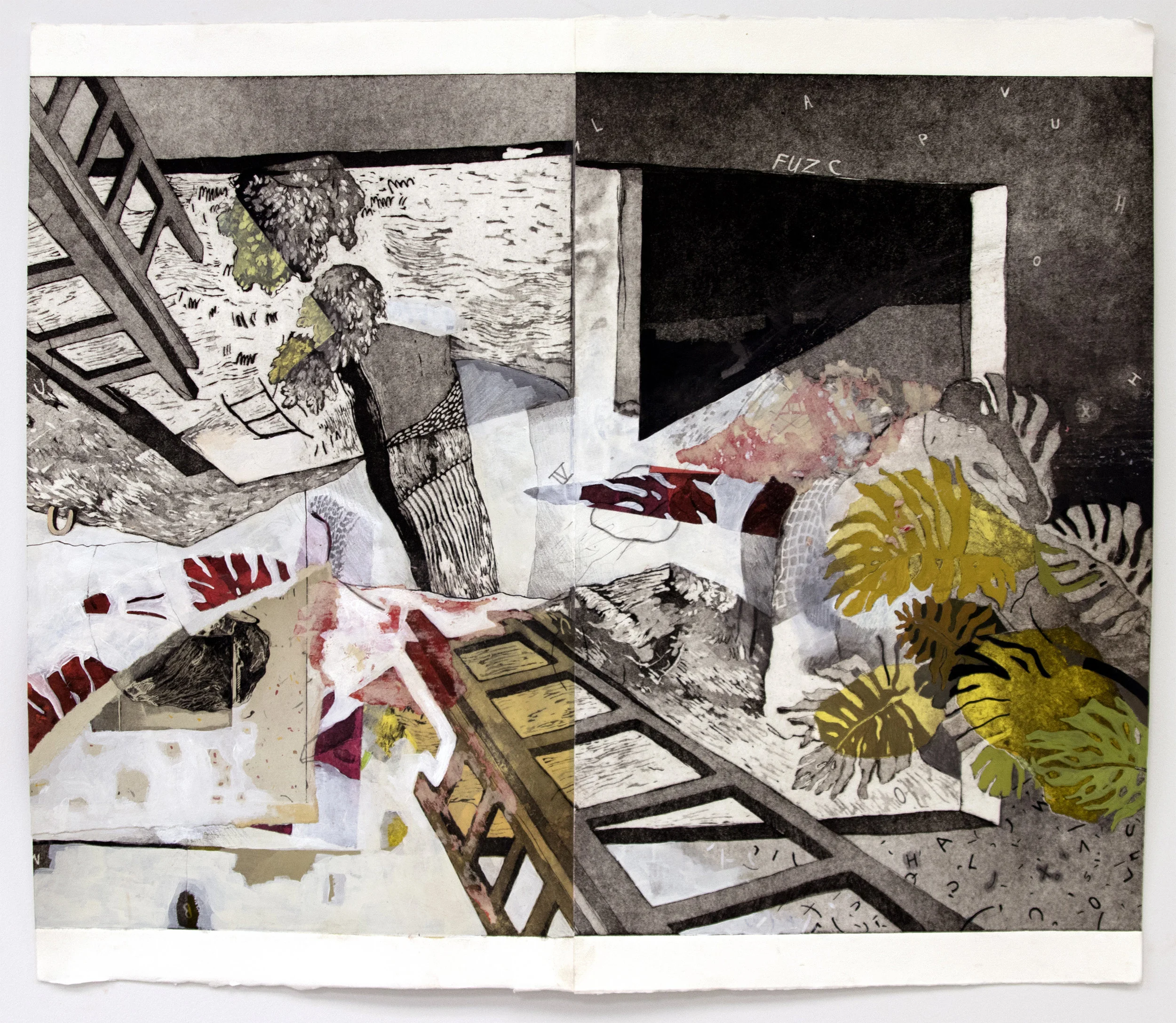 Echo Chamber; Intaglio, Acrylic, Chine Colé, Graphite, 18”x24”, 2017